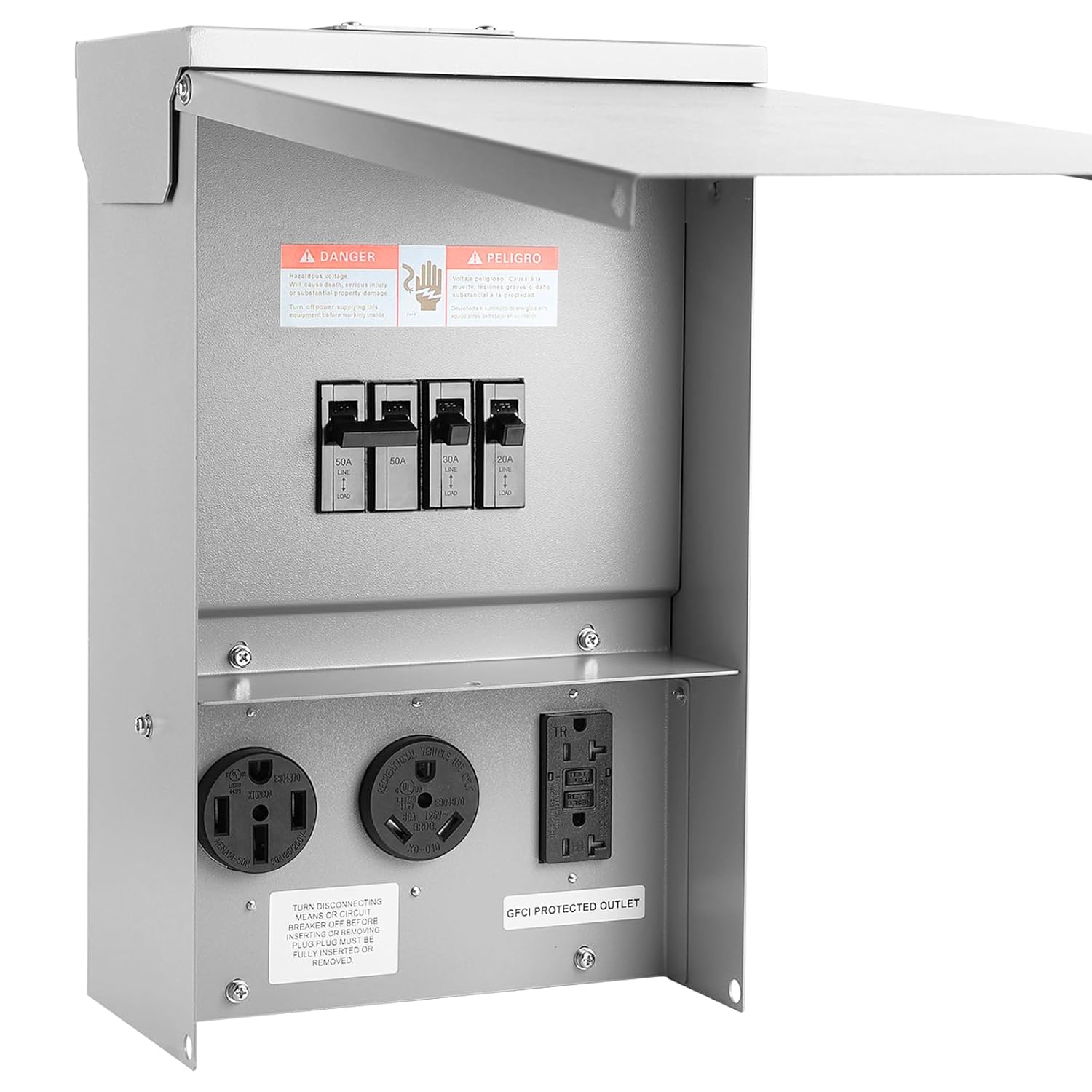 Electrical Outlet Boxes Temporary Power Panel Weatherproof RV Receptacle Box with 30 50 Amp Breaker 20 Amp GFCI Outlet Outdoor Panel for RV Camper Car Travel Generator Motorhome (Update)