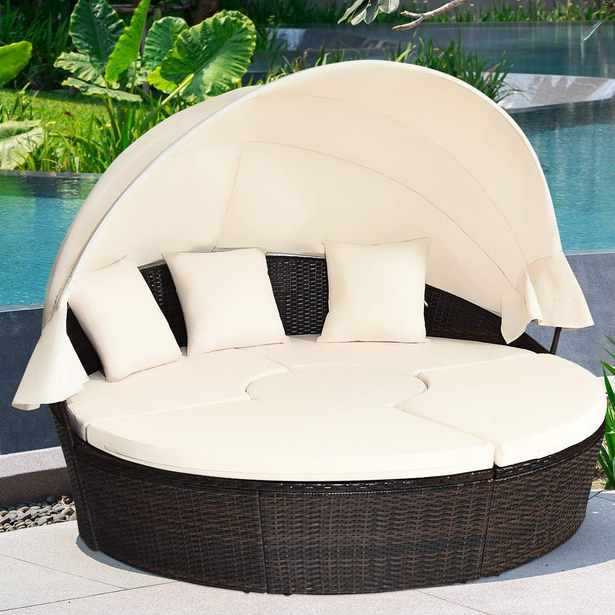 COSTWAY Patio Round Daybed with Retractable Canopy, Wicker Furniture Sectional Couch with Separate Cushioned Seats, Adjustable Table Top, Patio Rattan Daybed Sofa for Backyard, Poolside, White