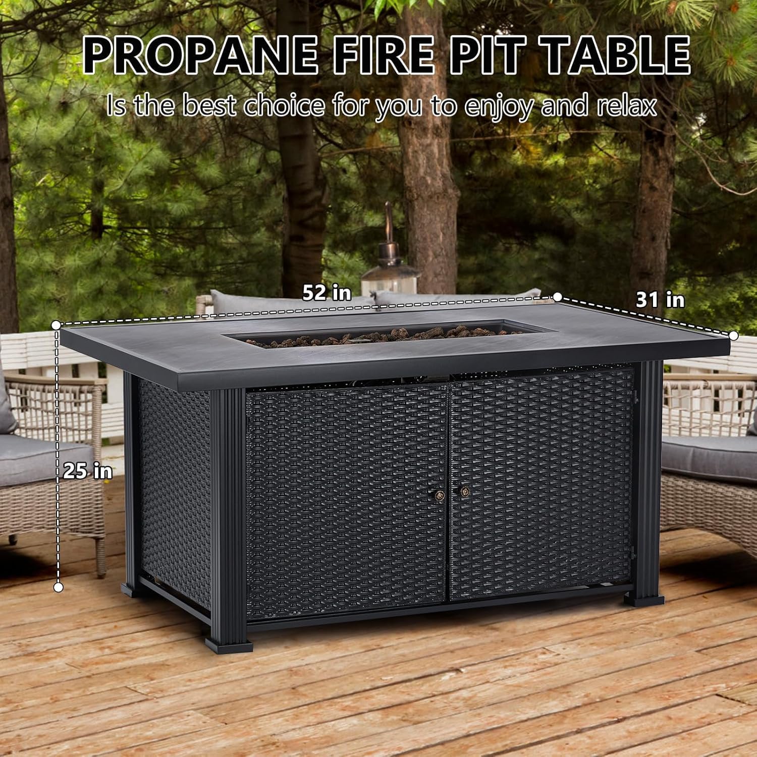52 Inch Propane Fire Pit Table, 50000BTU Outdoor Gas Fire Pits Rectangular with Rain Cover, Sturdy Steel and Iron Fence Surface, CSA Safety Certified, Companion for Outside Patio Deck Garden