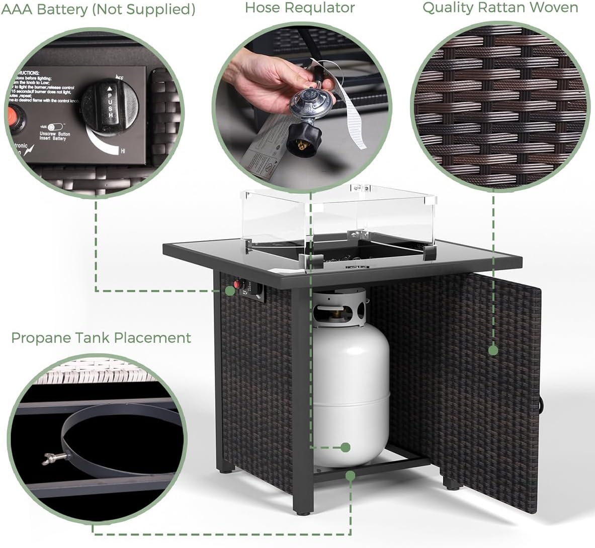 28 Inch Propane Fire Pit Table, Rattan Wicker Look, 50000 BTU Gas Firepits Tempered Glass Tabletop with Glass Windscreen Protector for Outside Patio and Garden(Brown)