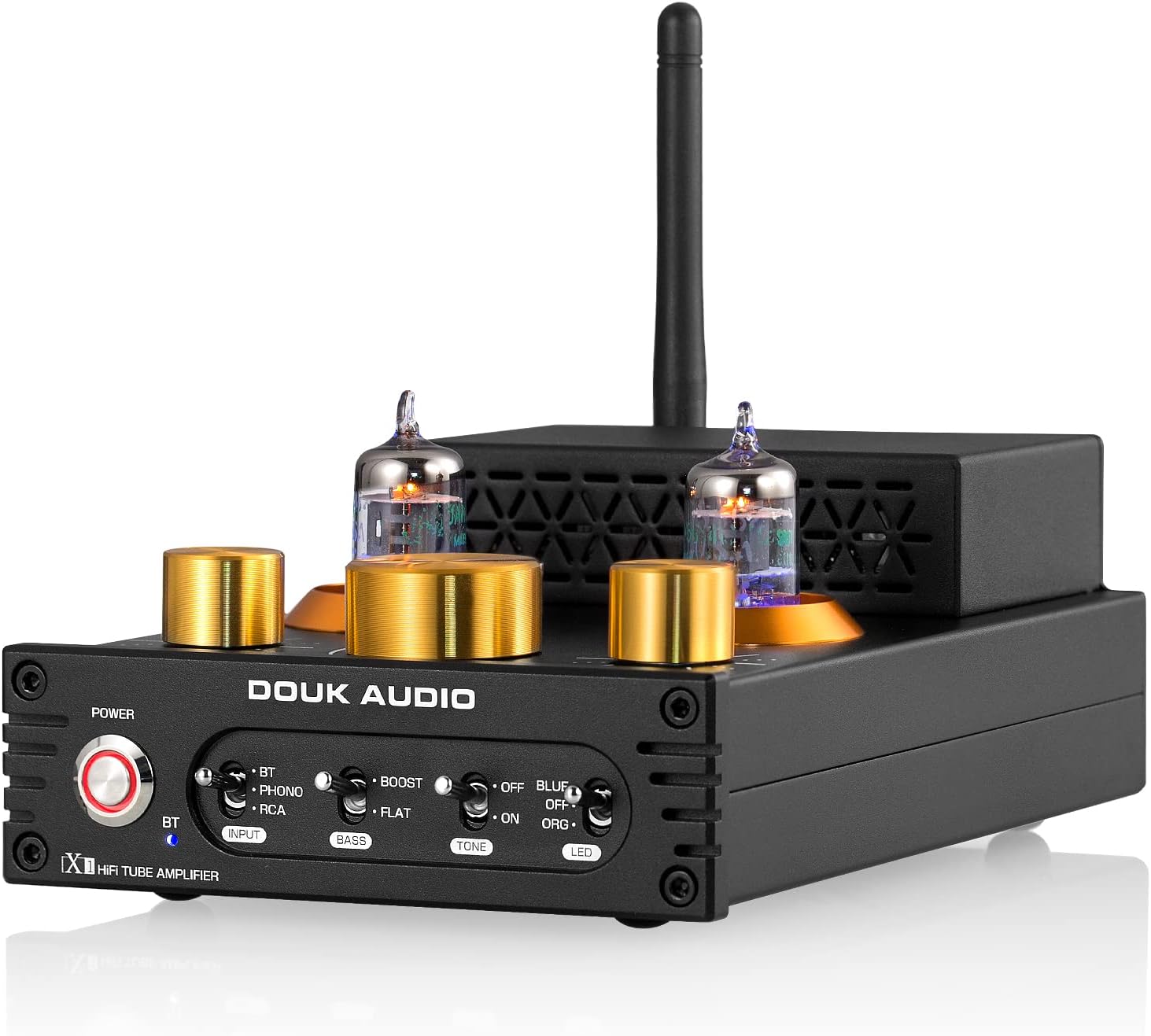 Douk Audio Tube Phono Amp: Bluetooth Receiver | 2-Channel Amplifier for MM Turntables | 160W×2 TDA7498E | Tone Control | for Desktop Vinyl HiFi Home Audio System (X1)