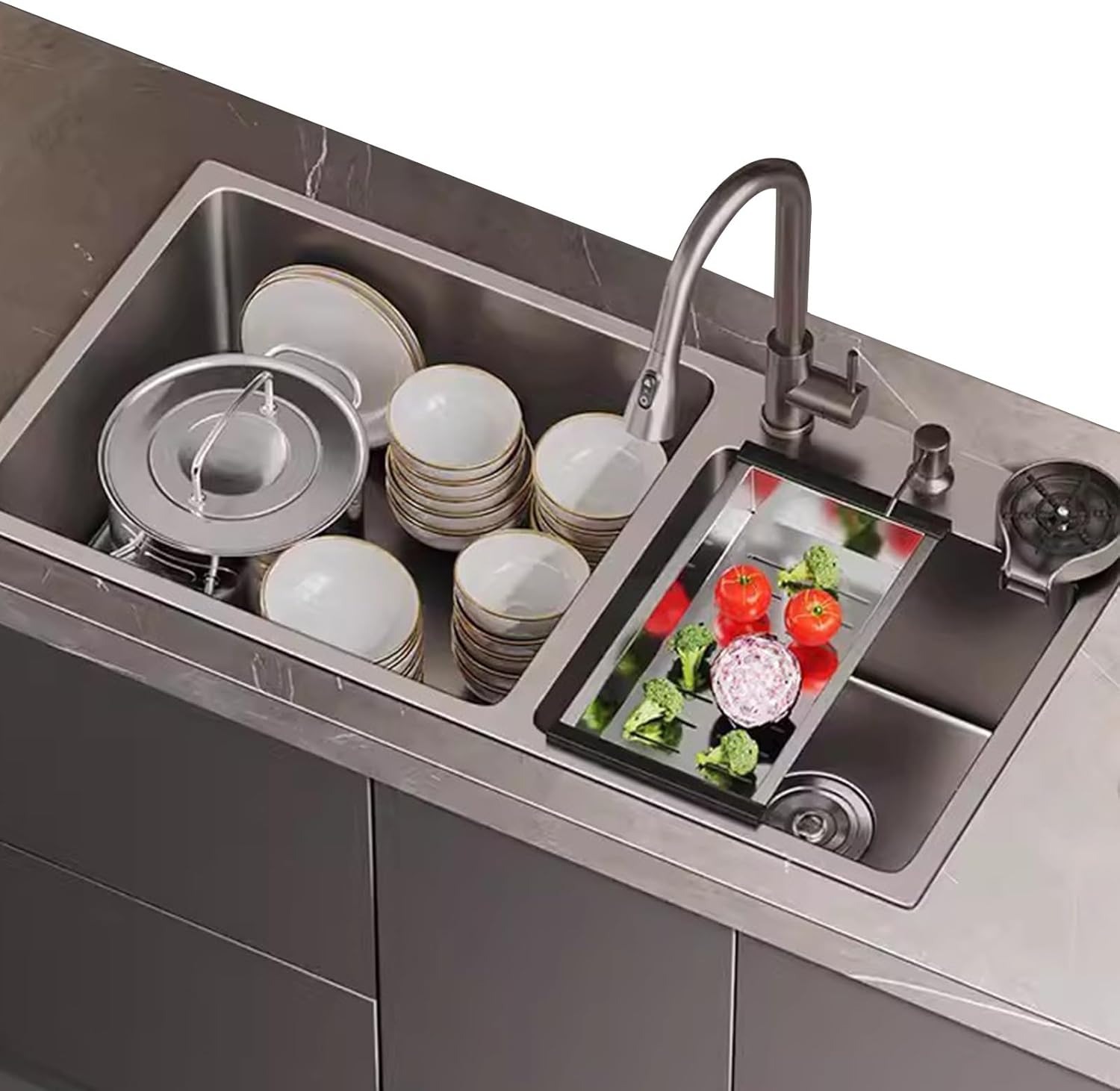 Kitchen Sink Tap,Stainless Steel Sink Gray Large Double Bowl Sink Kitchen Sink Pullout Faucet Glass Washer and Other Accessories Included,75x40x20cm,88x45x20cm