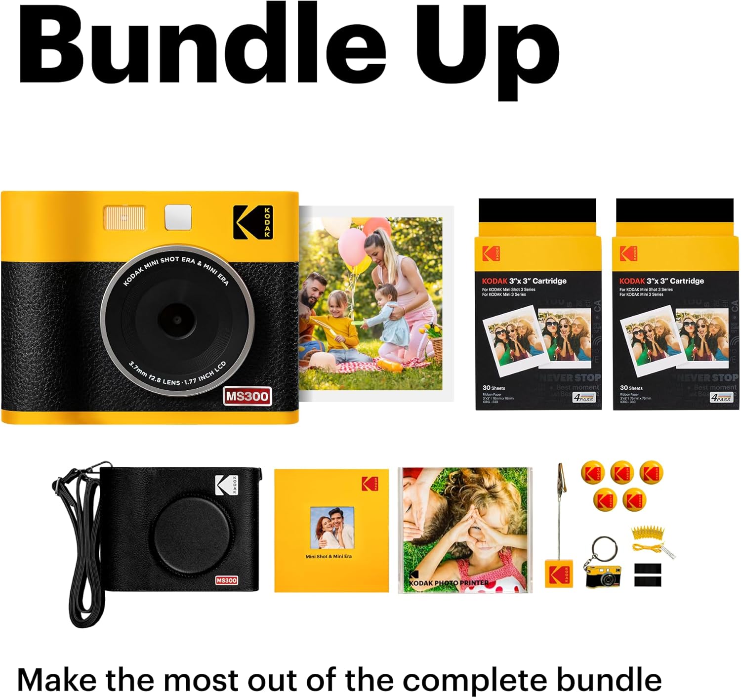 KODAK Mini Shot 3 ERA 4PASS 2-in-1 Instant Camera and Photo Printer (Yellow, Camera + Initial 8 Sheets + 60 Sheets + Accessories)