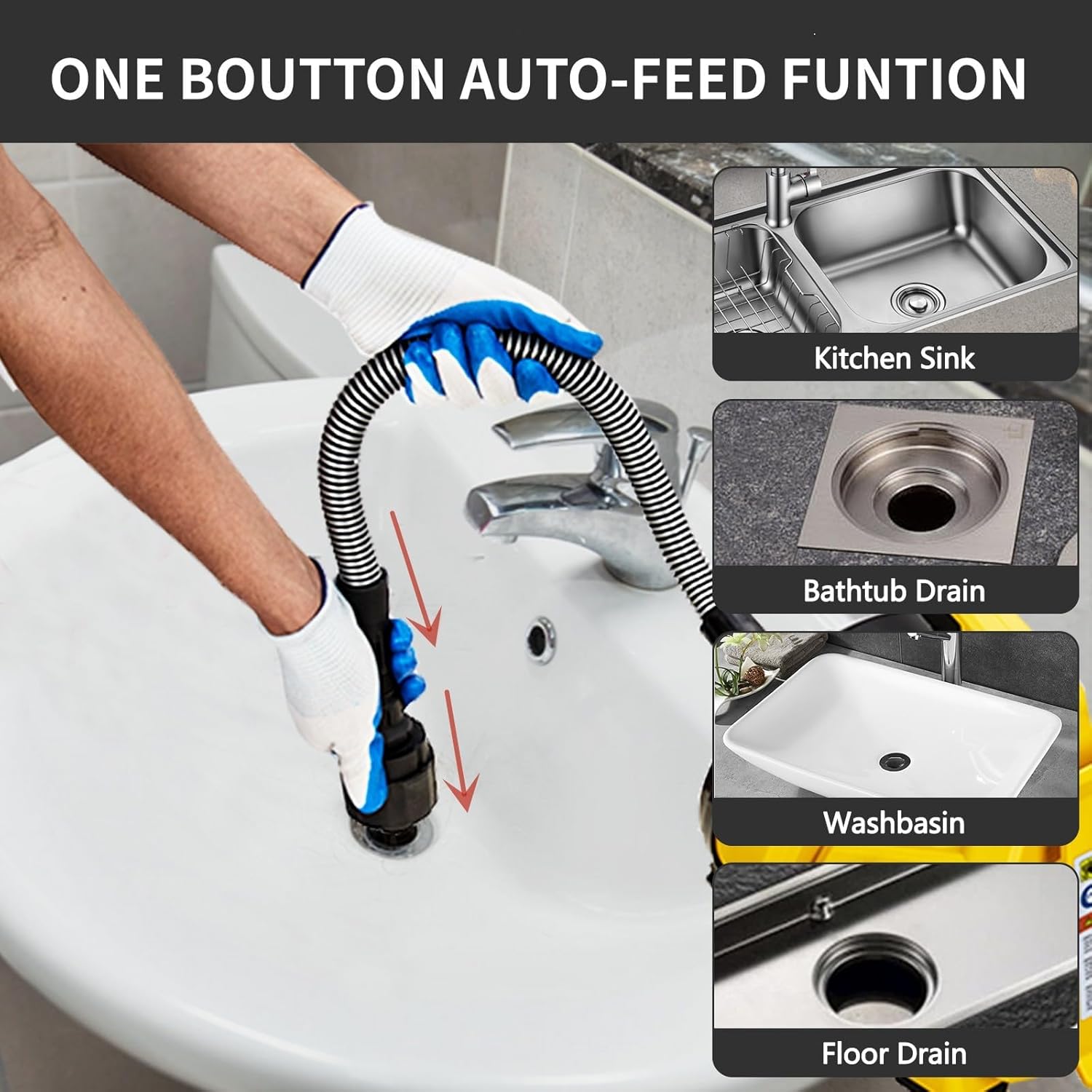 Drain Cleaner Machine 30Ft, Auto-feed Electric Drain Auger for 3/4In - 2In Pipes, Cable in Piano Wire with Foot Switch, Sewer Snake for Sinks, Toilets, and Floor Drains