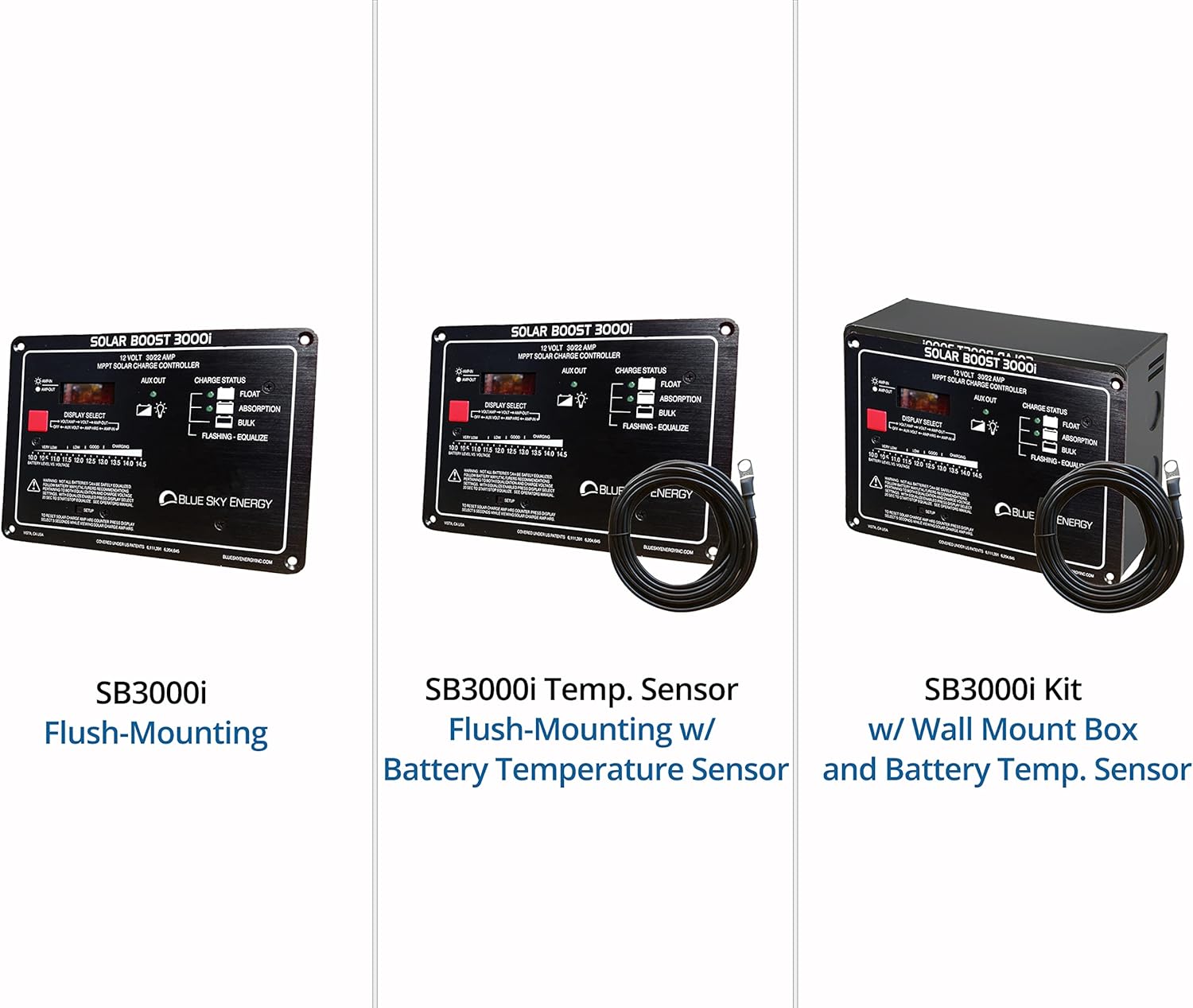 Kit Composed of Blue Sky Energy SB3000i Solar Boost 30A MPPT Charge Controller, Metal Wall Mount Box, and Battery Temperature Sensor