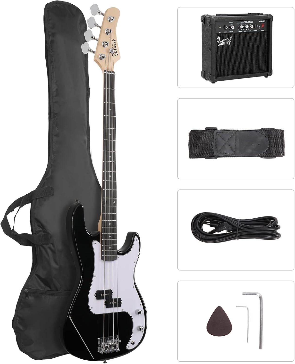 GLARRY Full Size Electric Bass Guitar Beginner Kit 4 String Exquisite Basswood Bass with 20W AMP, Cable, Strap, Bag and Accessories (Black, 39