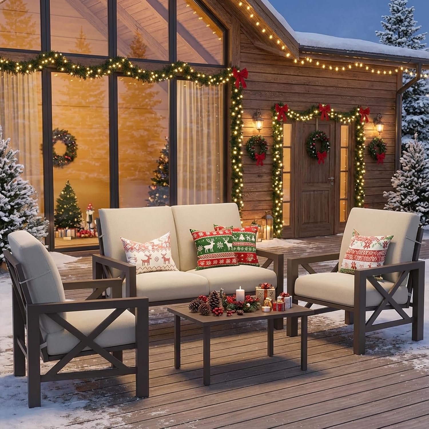 NATURAL EXPRESSIONS 4 Pieces Patio Furniture Sets,Outdoor Sectional Metal Furniture Conversation Set with Loveseat Chair,2 Single Chairs 1 Metal Table,6.5