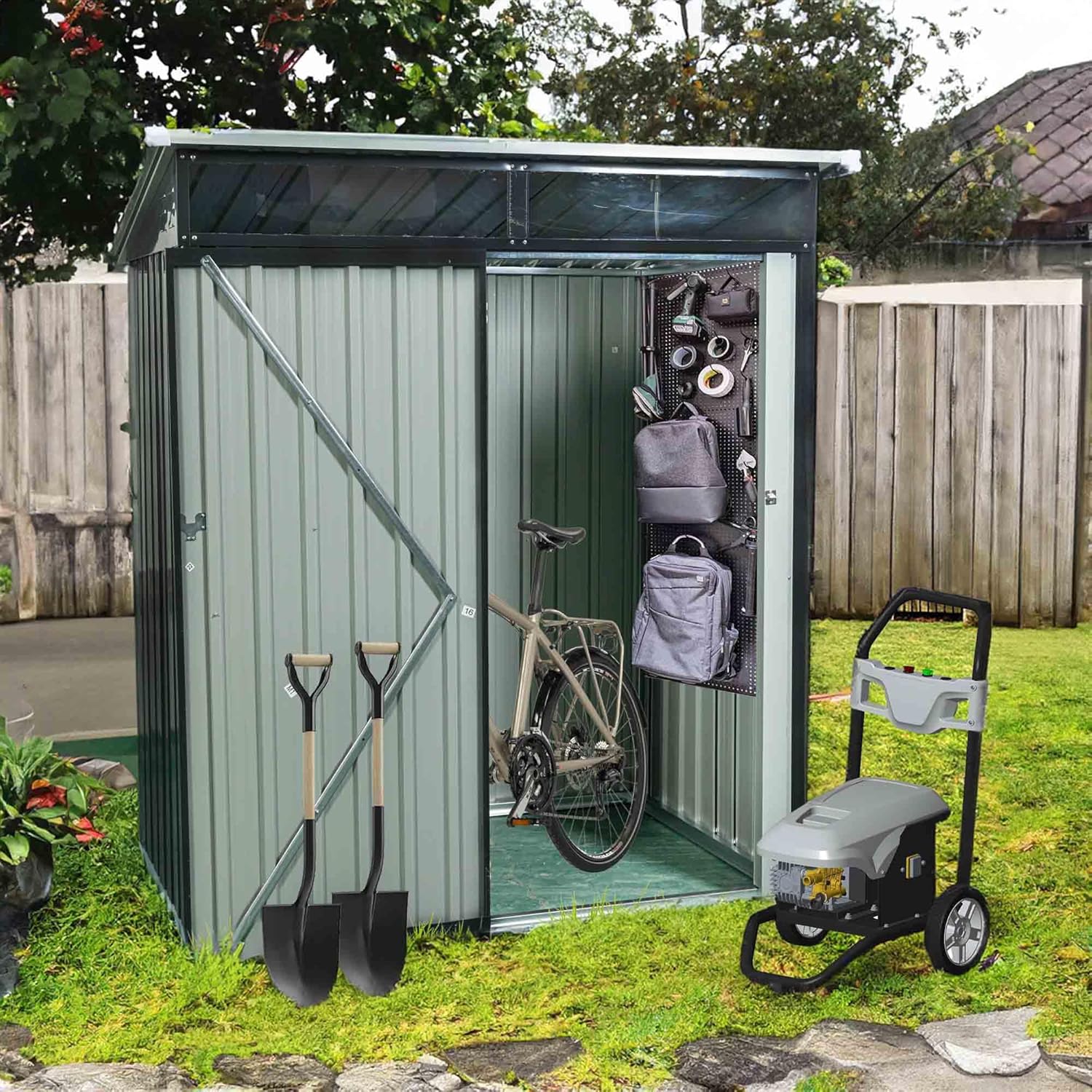 5 x 3 FT Outdoor Storage Shed,Steel Yard Shed Storage House with Sloping Roof and Door & Lock, Metal Sheds Outdoor Storage for Backyard Garden Patio Lawn