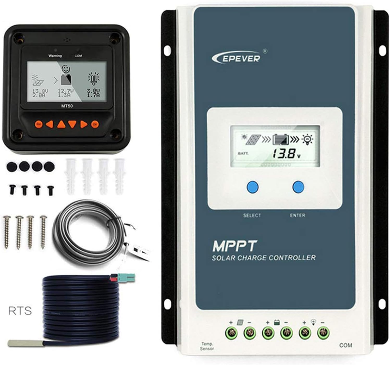 EPEVER MPPT Solar Charge Controller 40A 100V MaxInput Voltage Negative Grounded Tracer 4210AN + Remote Meter MT50+ RTS with Backlight LCD Display for Gel Sealed Flooded Lithium Solar Battery Charger