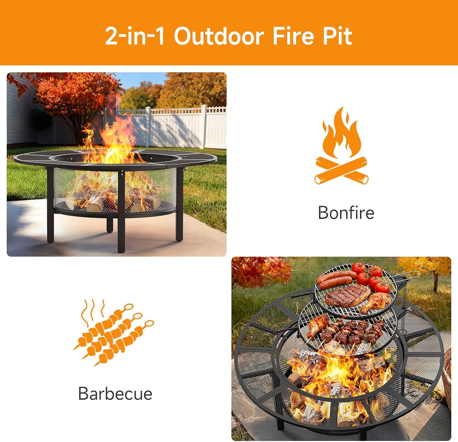 ONBRILL 2-in-1 47 Inch Fire Pit with 2 Swivel Cooking Grills, Outdoor Wood Burning Firepit with Poker for BBQ, Bonfire, Picnic, Party, Round Metal Fire Pit for Outside, Backyard, Patio
