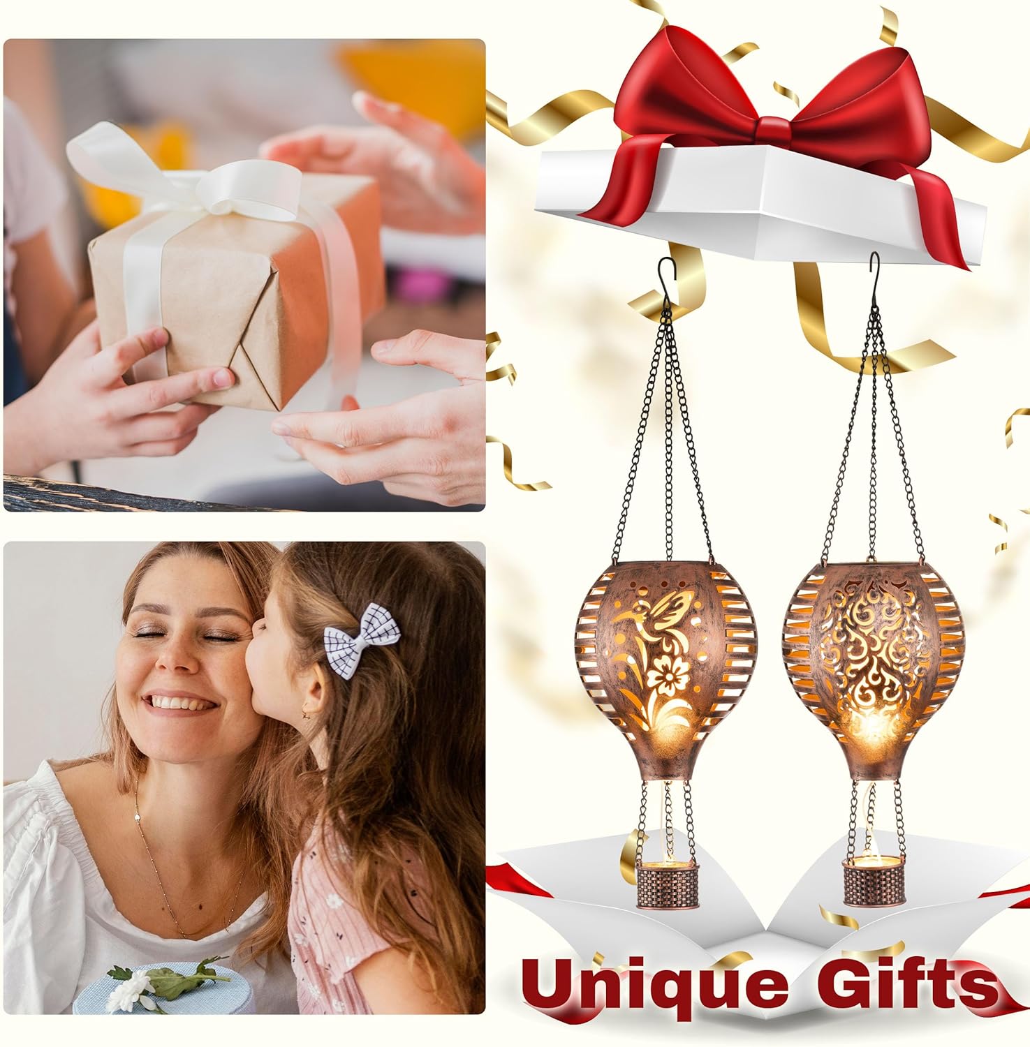 TERESA'S COLLECTIONS 2 Pack Hummingbird Flame and Hot Air Balloon Hanging Solar Lantern for Garden Decor& Lanterns Decorative Indoor Color Changing, Hanging Ramadan Lantern Decor（2 Items Buddle）