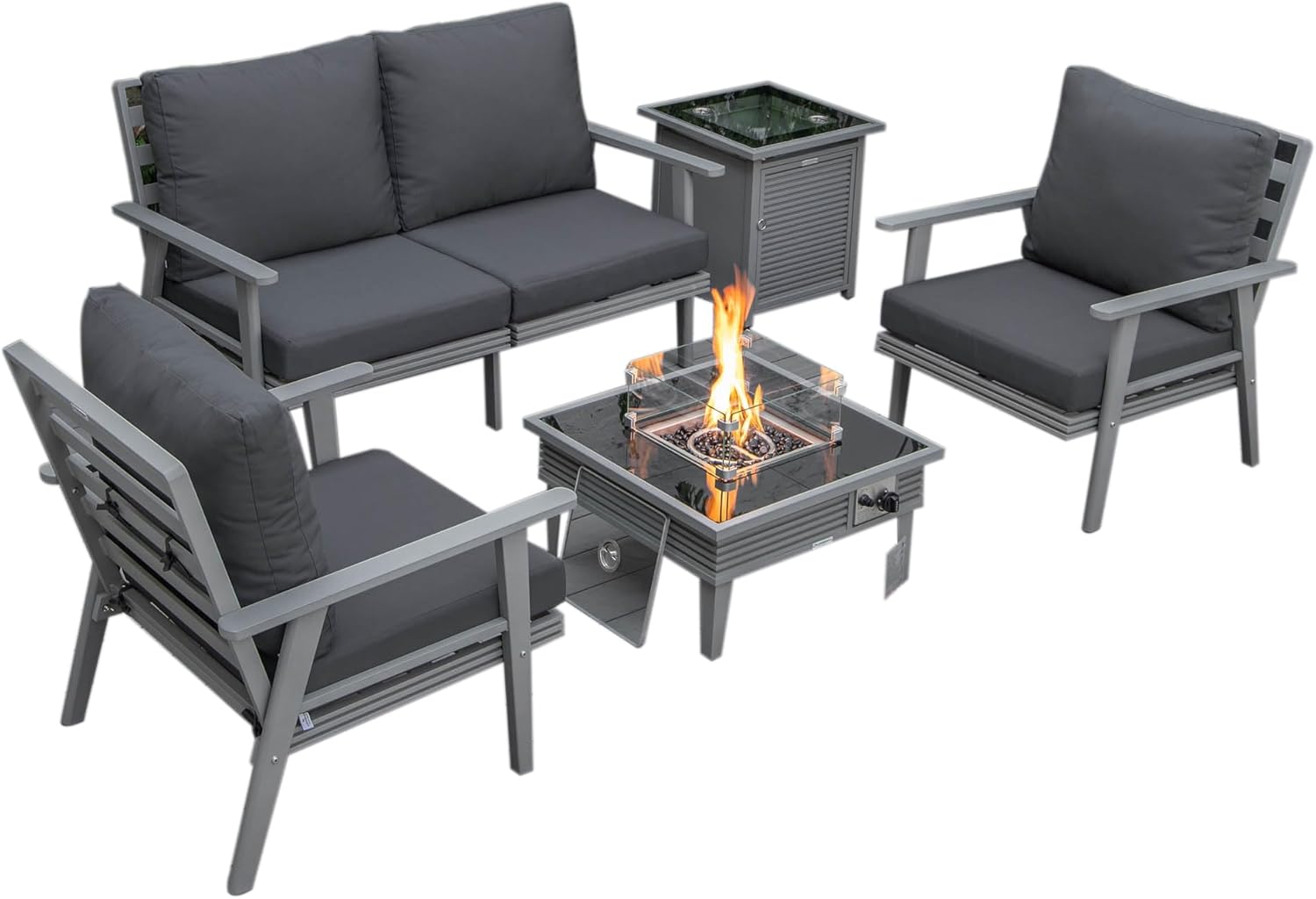LeisureMod Walbrooke Modern Aluminum 5-Piece Patio Conversation Set with Outdoor Square Fire Pit Slats Design & Side Table Tank Holder, Charcoal
