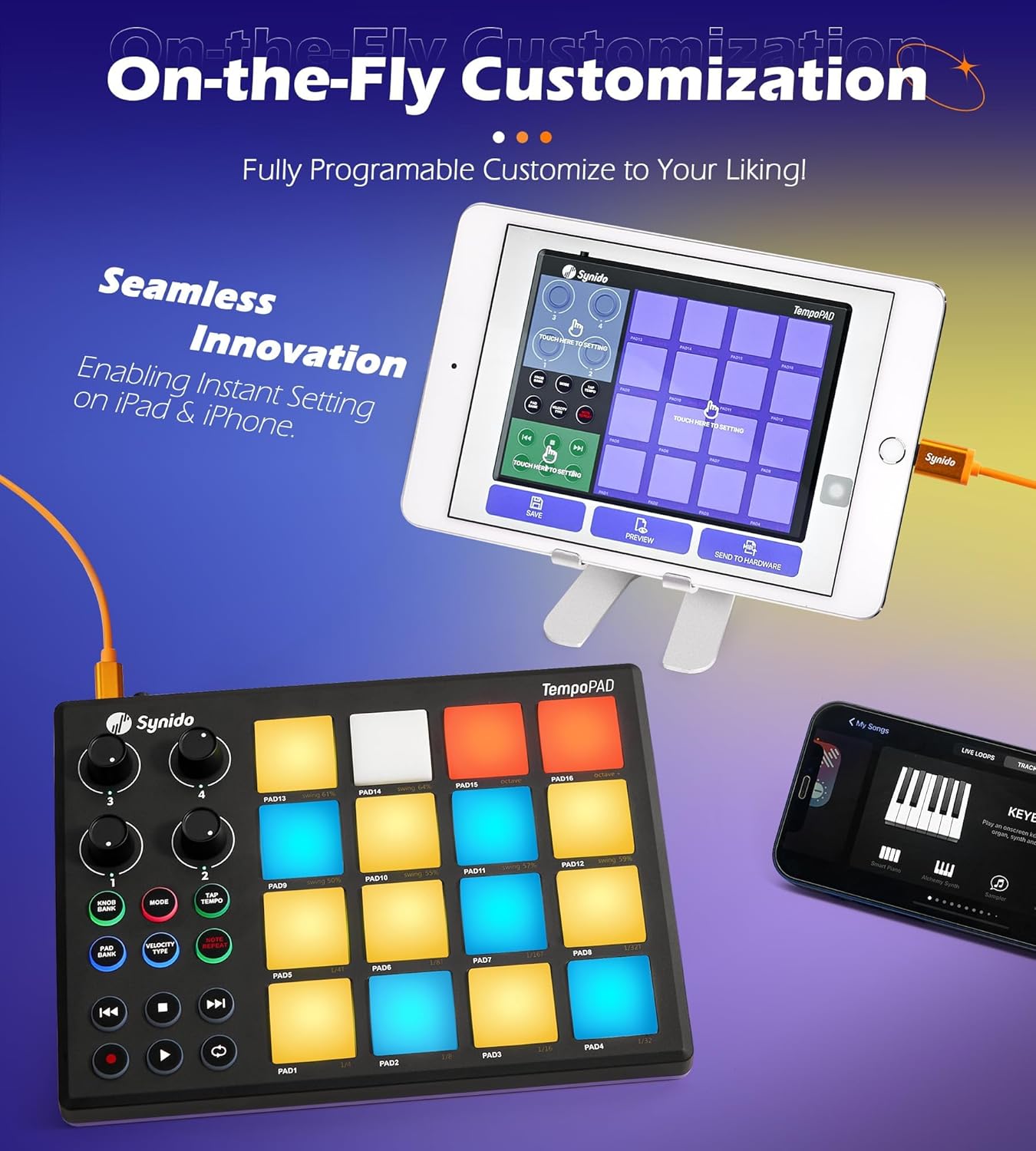 Synido Wireless Audio Interface Live Sound Card and TempoPAD Midi Controller Beat Maker Machine for Music Production