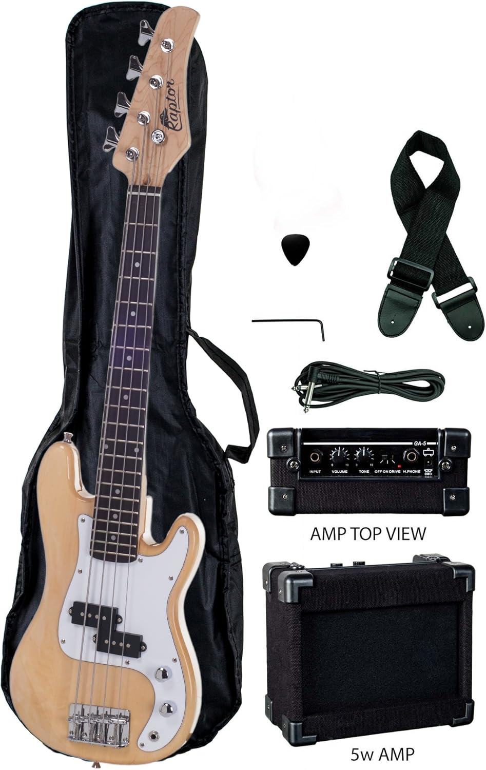 RAPTOR 38 Inch Kids Child 4 String Electric P Bass Package - NATURAL with 5W Amp, Gig Bag, Strap, Cable, Picks