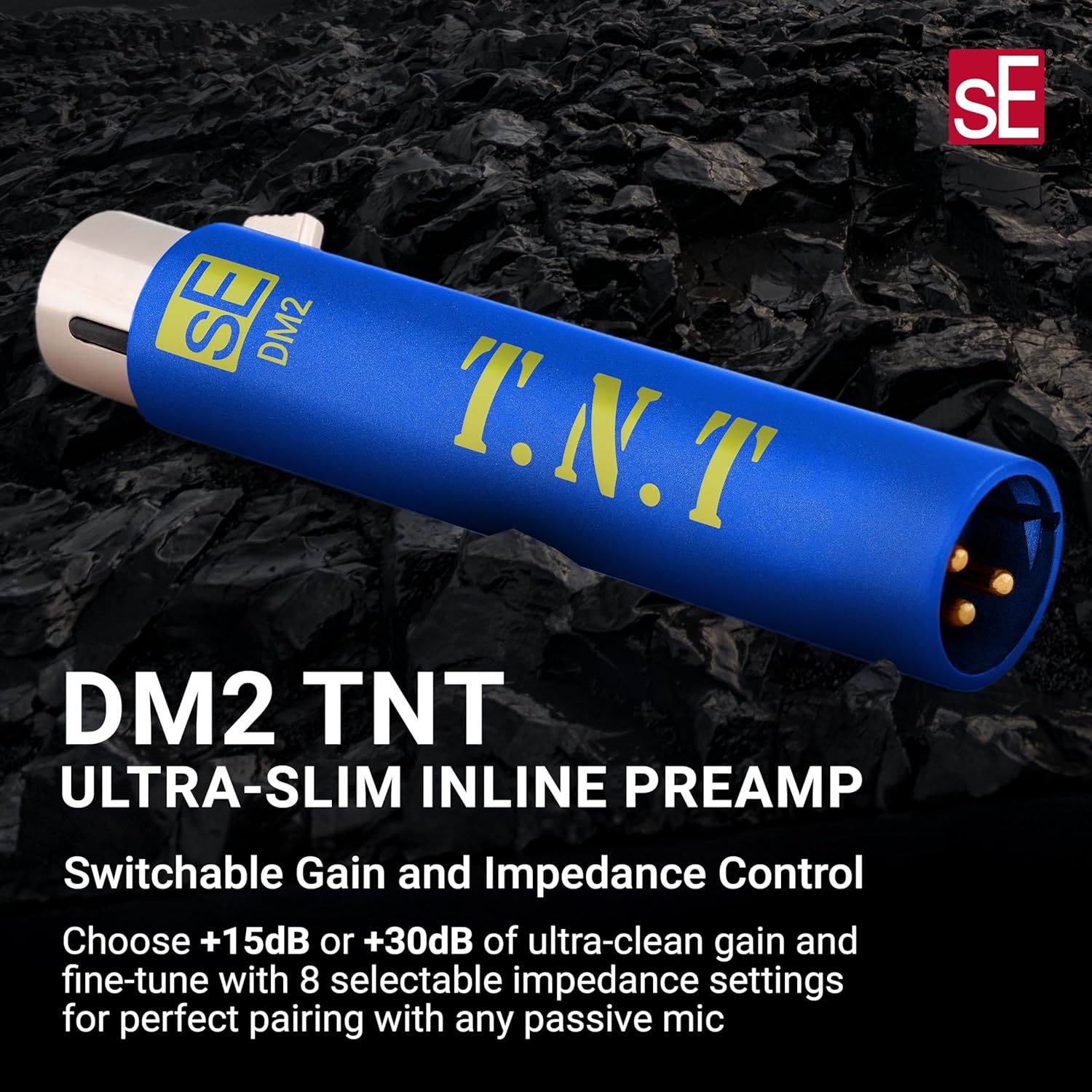 sE Electronics DM2 TNT Ultra-Slim Inline Microphone Preamp for Ribbon & Dynamic Microphones - Mic Preamp with 2 Gain Settings (+15dB or +30dB) & 8 Load Settings (50 Ohm-10 M Ohm) (Blue)