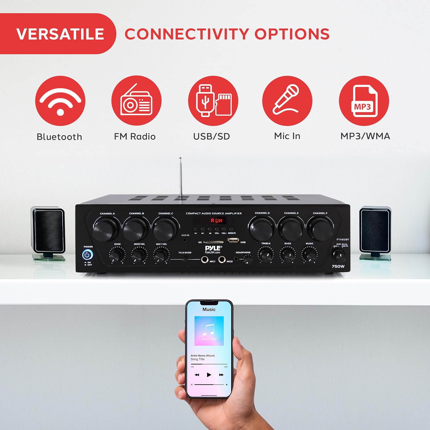 Pyle Wireless Bluetooth Home Audio Amplifier System-Upgraded 6 Channel 750 Watt Sound Power Stereo Receiver w/USB, Micro SD, Headphone,2 Microphone Input w/Echo, Talkover for PA - PTA62BT.5