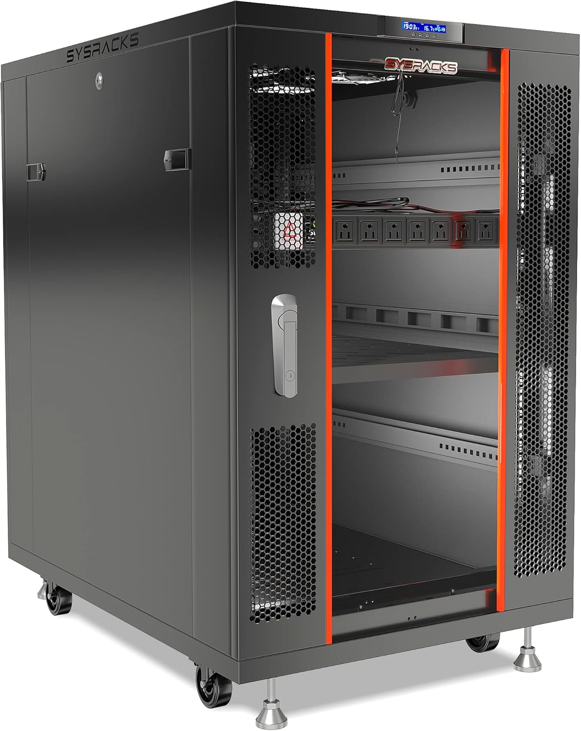 Sysracks 22U Server Cabinet 39-inch deep Server Rack Locking Network Cabinet with Thermocontroller, LCD-Screen, 4 Fans, Power Strip, Shelf, Wheels, Dust-Tight Cable Entries and Other Accessories
