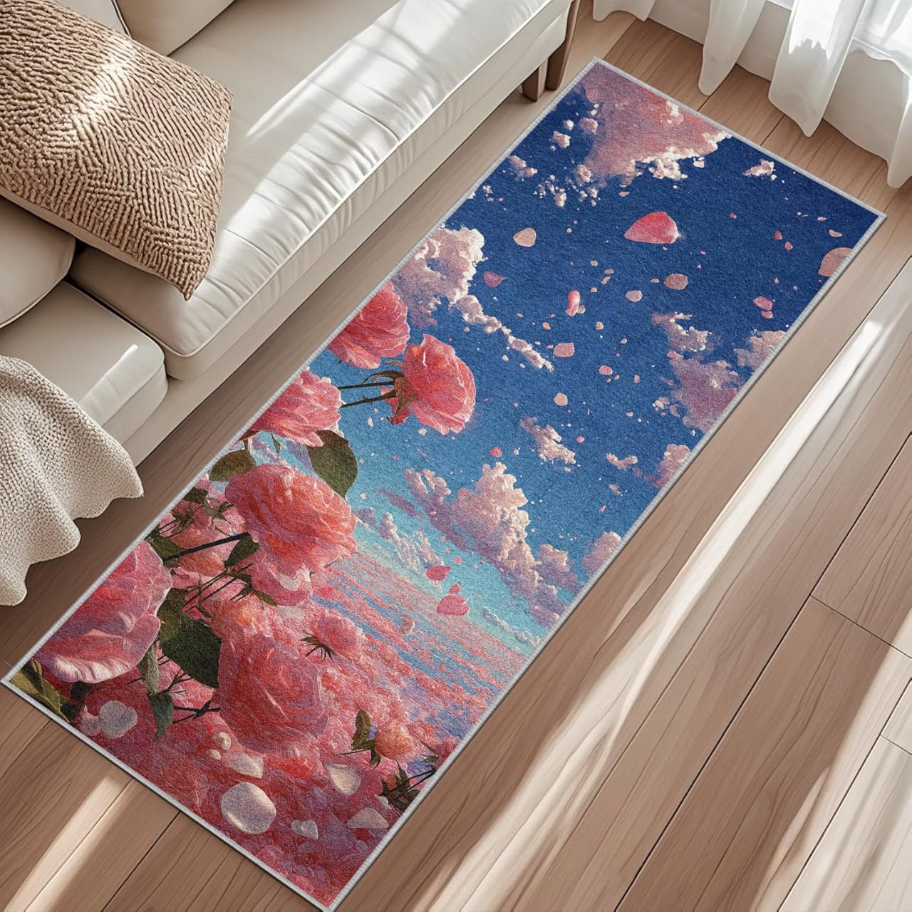 Rose Flower Area Rug 6x9, Floral Leaves Rug, Ocean Seascape Rugs for Living Room, Carpet for Bedroom Dining, Soft Low Pile Washable Non Slip Decor Rugs