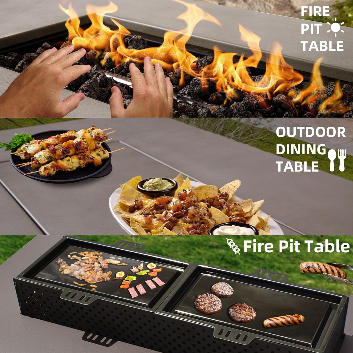 48'' Rectangular Propane Fire Pit Table, 3-in-1 50,000BTU Firepit Table with Griddle for Outside Patio, Backyard Decor, Grey