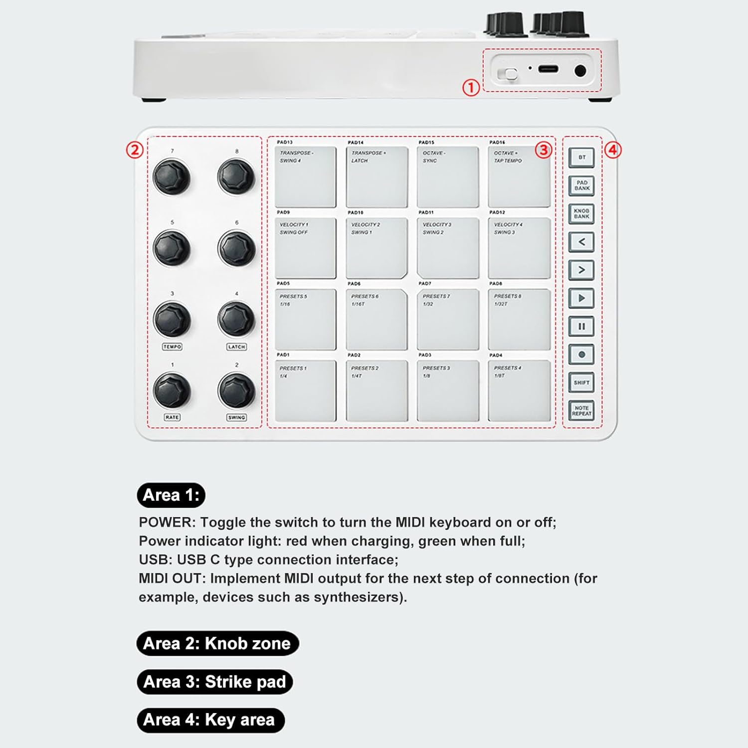 PAD USB MIDI Keyboard Controller, MIDI Controller with 16 RGB Backlit, 8 Assignable Knobs, Note Repeat, for OS X, iOS, Android