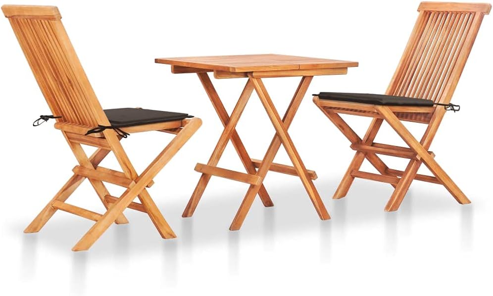 3 Piece Bistro Set with Taupe Cushions Solid Teak Wood,Teak Bistro Furniture Set Folding Chairs and Table WaterResistant Indoor/Outdoor Use Outdoor Furniture Sets, Patio Furniture