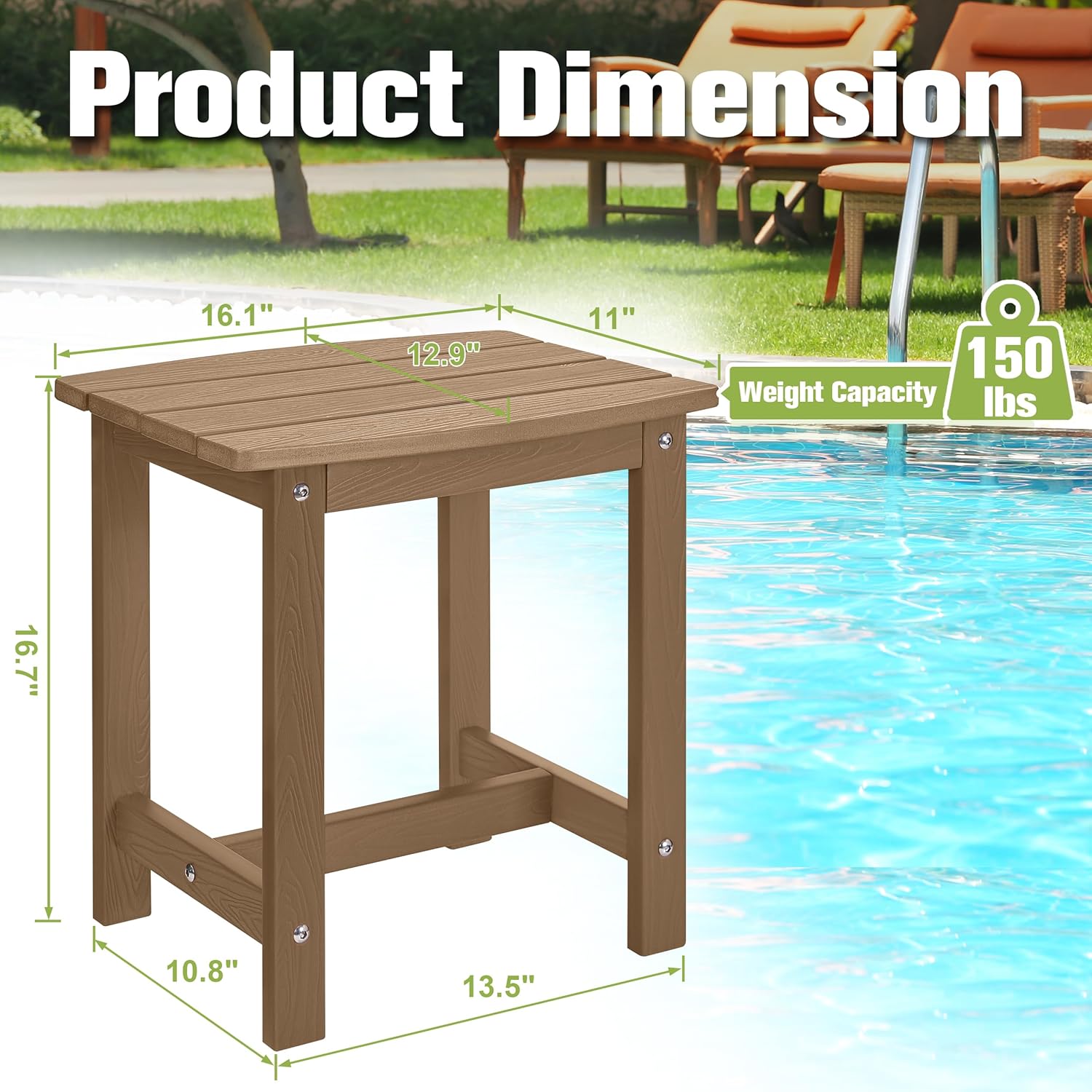 Y&M Outdoor Side Table, HIPS Adirondack Small Single Table, Waterproof Square Outside Table, Balcony Modern End Tables for Patio, Pool, Beach, Porch, Deck, Indoor or Outdoor Use (Brown, 2 Pack)