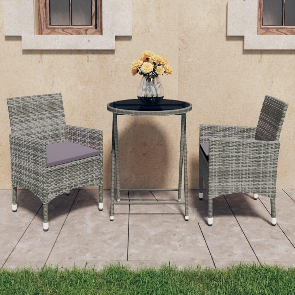 3 Piece Patio Bistro Set Poly Rattan and Tempered Glass Gray,3Piece Rattan Bistro Set: Enhance Your Outdoor Space with Style and Comfort Patio Furniture Sets, Outdoor Furniture Sets
