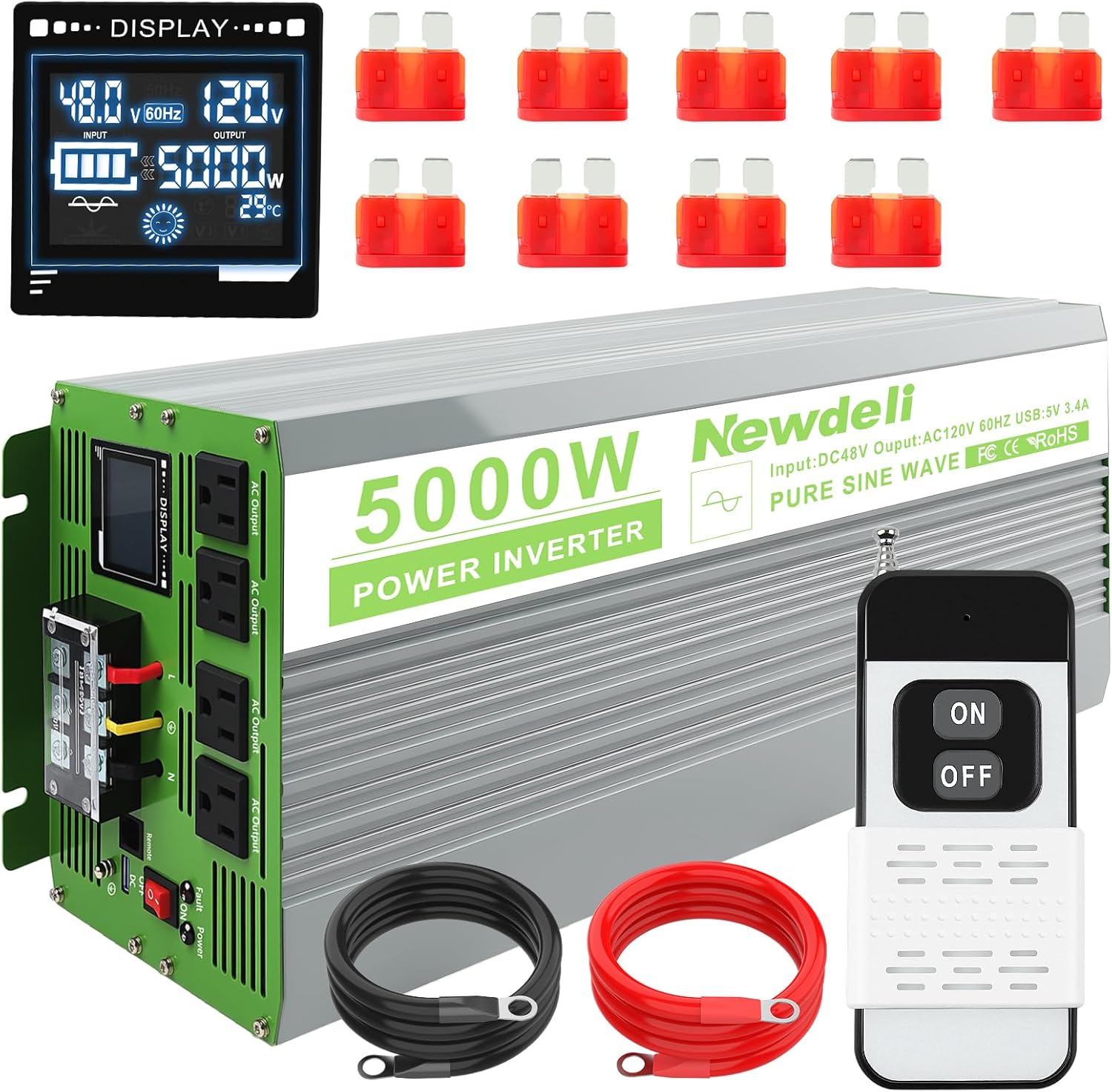 Newdeli 5000 Watt Pure Sine Wave Power Inverter 48V DC to 110/120V AC Converter with 4 AC Outlets, 3.4A USB, LCD Display, Remote Controller for Vehicle, Solar, Heavy Duty, RV, Truck, Off Grid, Camping