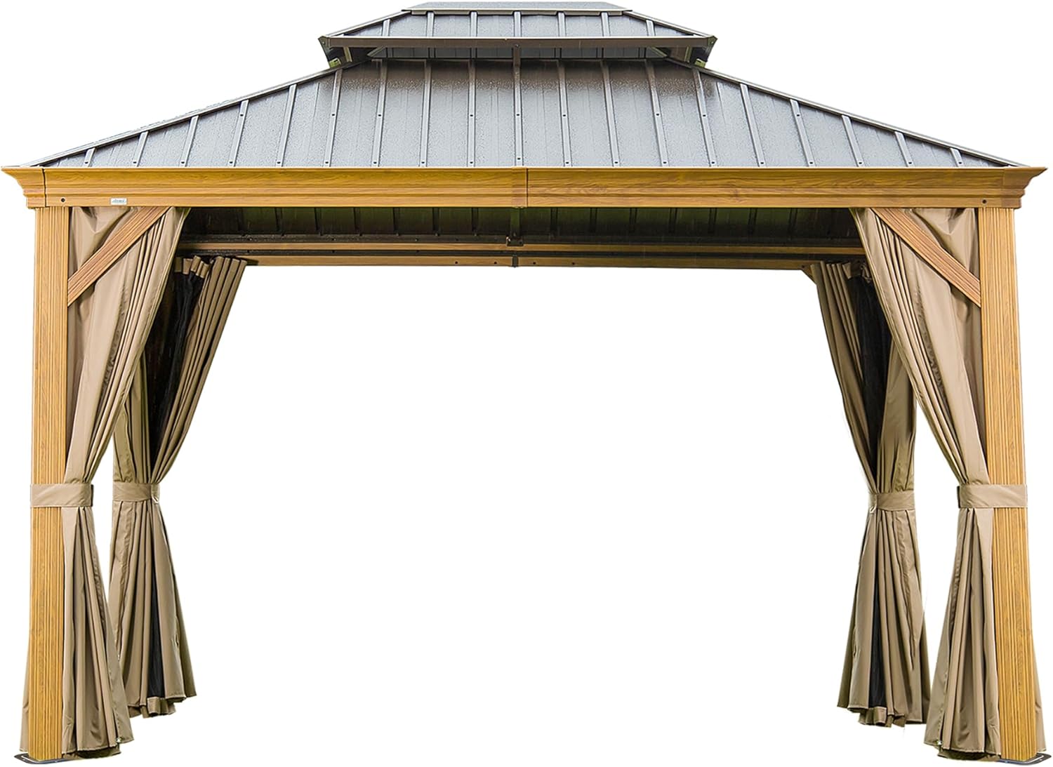 10'x12' Wooden Coated Aluminum Frame Canopy with Galvanized Steel Double Roof – Permanent Outdoor Hardtop with Curtains Netting for Patio, Deck, Lawn (Yellow Brown)