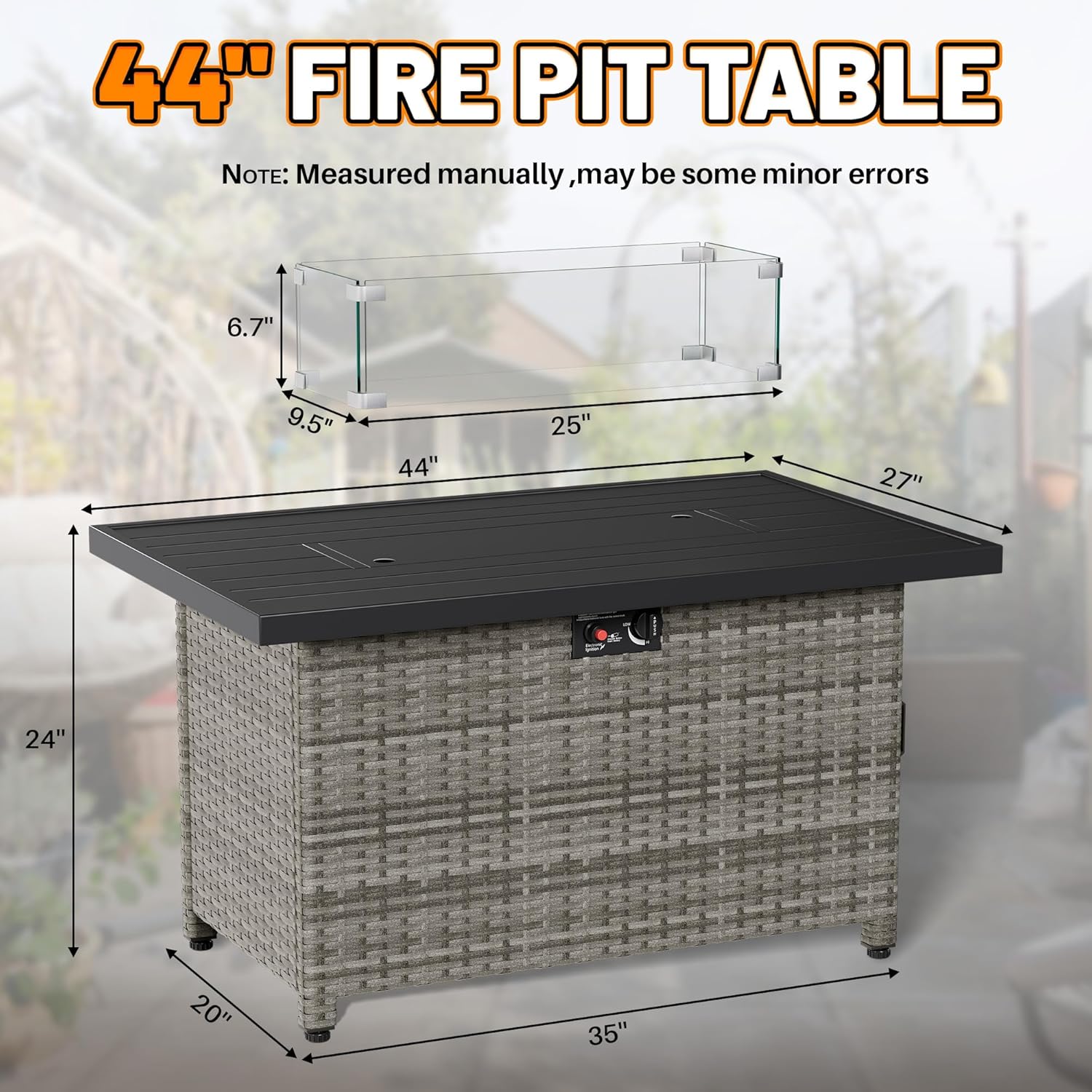 LHBcraft 44 Inch Propane Fire Pit, 50000 BTU Fire Pit Table with Glass Wind Guard and Lid, Gas Fire Pits for Outside Patio and Garden(Grey)