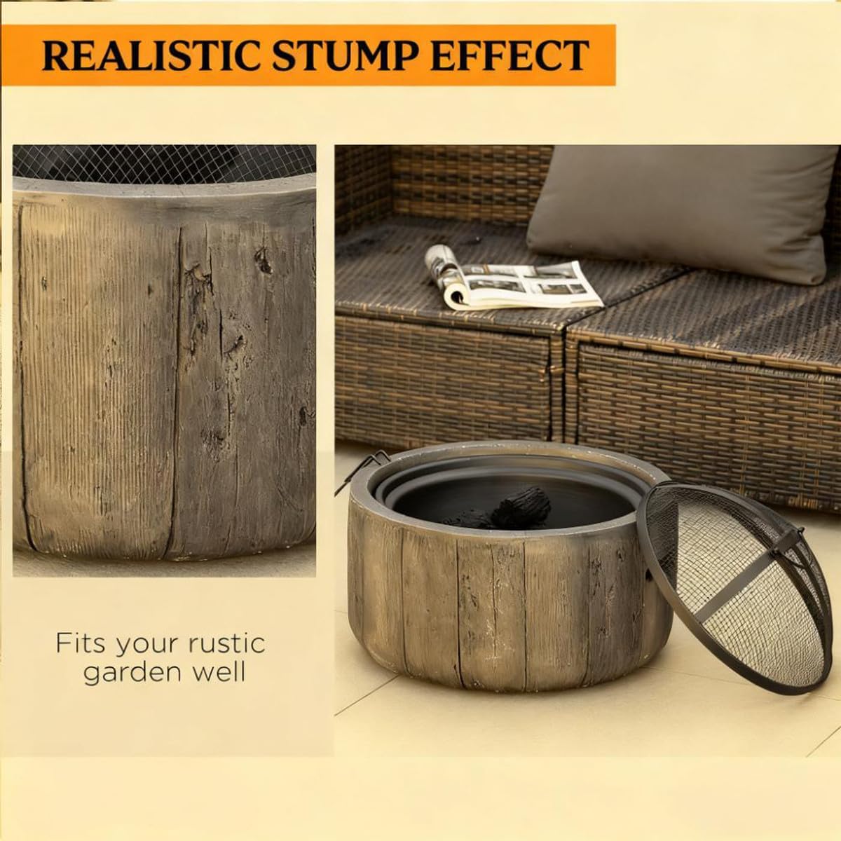 Smokeless Fire Pit 18 Inch Wood Burning Fire Pit for Outside Rustic Wood Stump Fire Bowl with Spark Screen Charcoal Grate & Poker for Backyard Patio & Garden