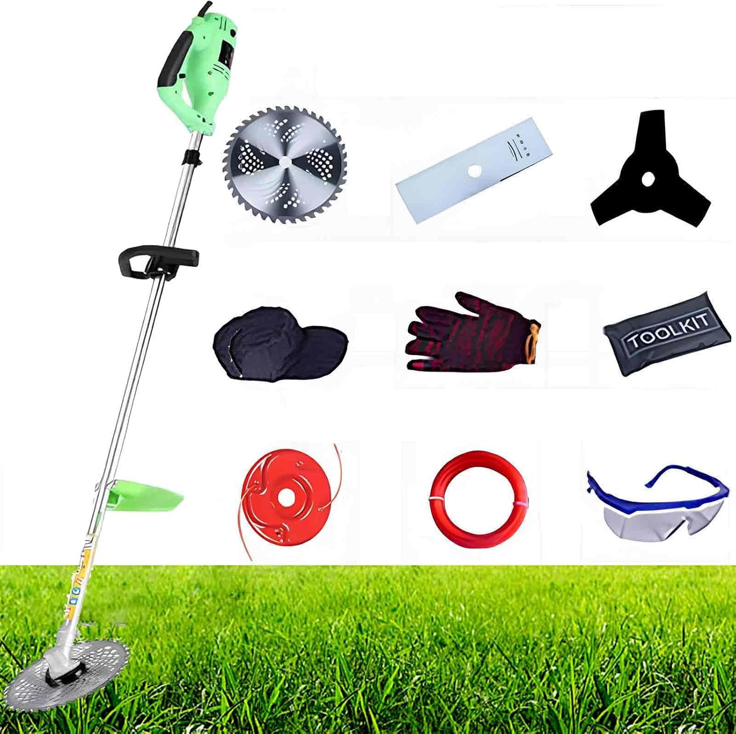 Corded Lawnmower with Abs Handle - Electric Weed Wacker, 220V AC Power Supply, Sk5 Alloy Blade, Oversized Pure Copper Motor, 10-Piece Set