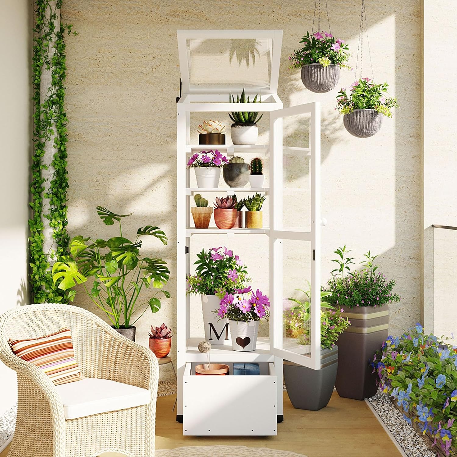 62.4inch Height Wood Garden Greenhouse Balcony Portable Mini Cold Frame with Movable Storage Box and Adjustable Shelves for Outdoor Indoor Use (White)