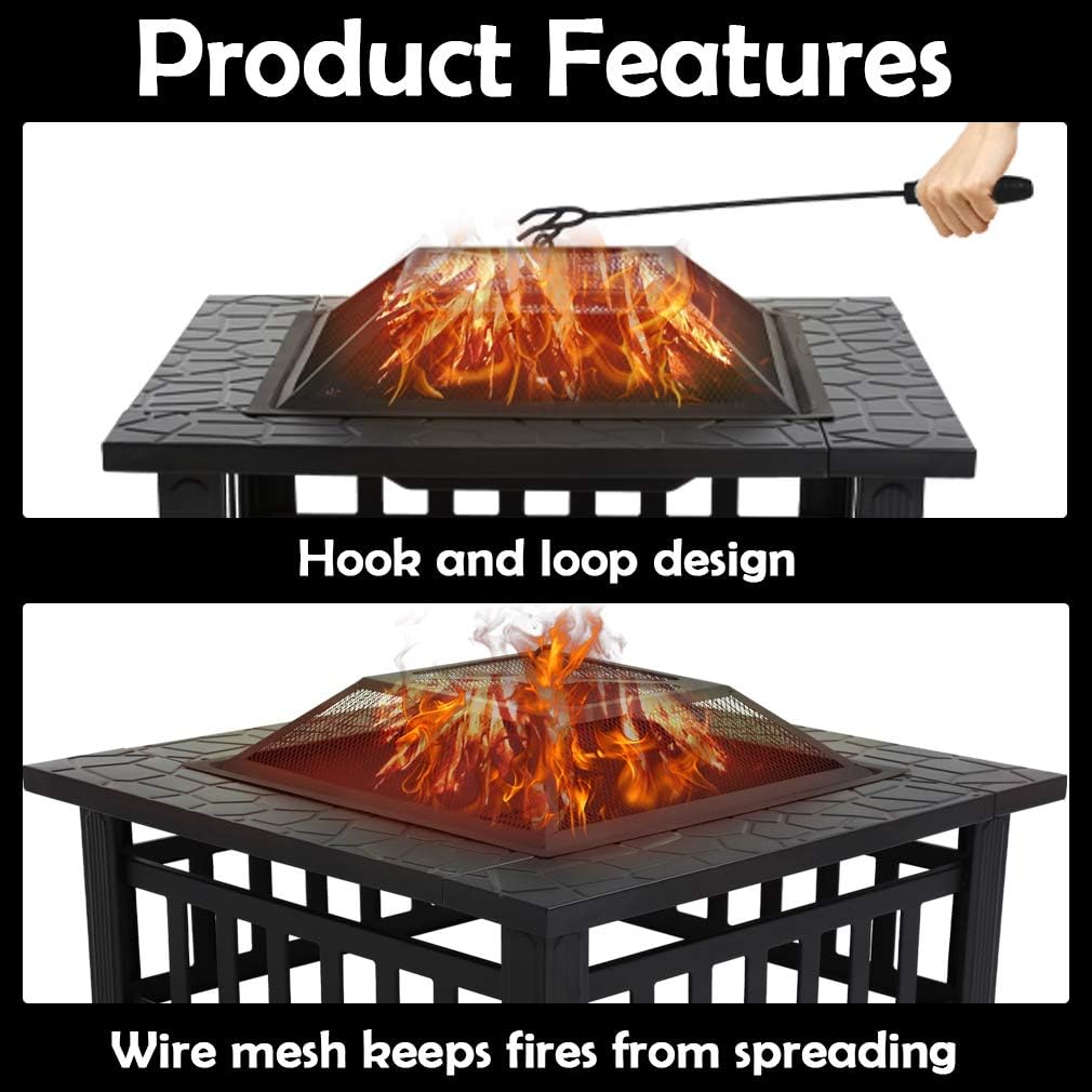 Outdoor Fire Pit 32 inch Square Metal Firepit for Patio Wood Burning Fireplace Garden Stove with Charcoal Rack, Poker & Mesh Cover for Camping Picnic Bonfire Backyard