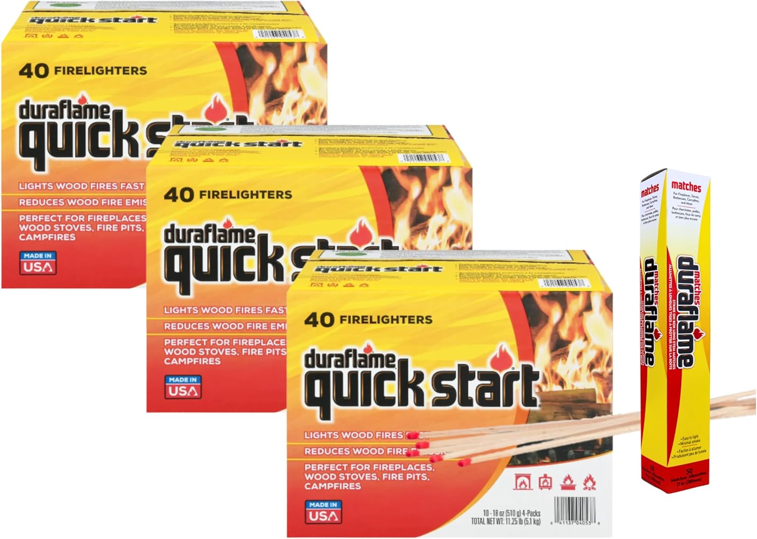 Duraflame Quick Start Firelighters 120 Pack + Long Strike Matches – Fast, Clean-Burning Fire Starters for Fireplaces & Campfires (3 Pack + Matches)