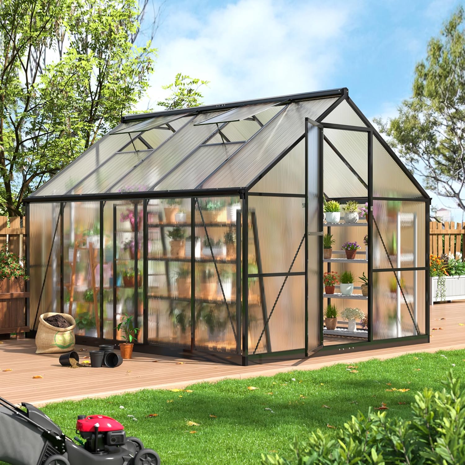 8x10 FT Greenhouse for Outdoors, Quick Setup Polycarbonate Green House with Roof Vent, Aluminum Large Walk-in Greenhouse for Outside Garden Backyard, Black