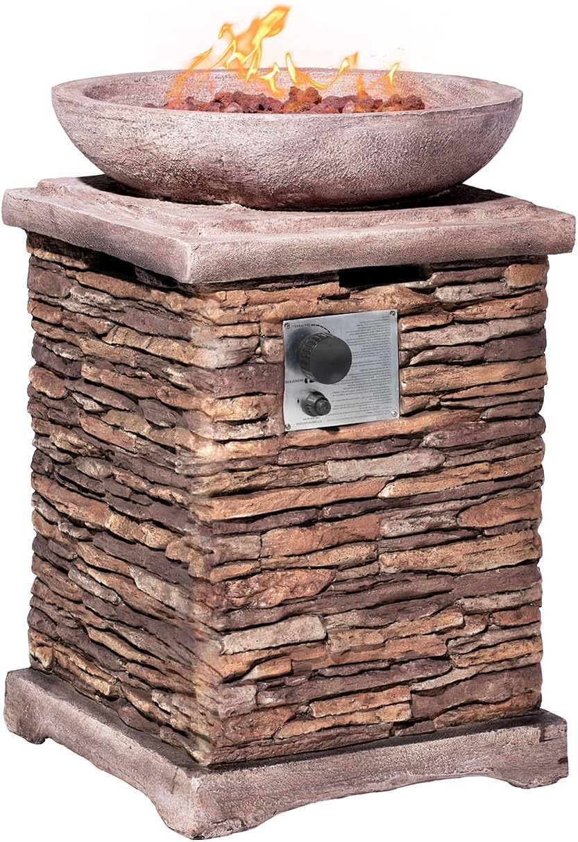 AQUILLA Propane Gas Fire Pit, Stone Imitation Surface, Outdoor 40000 BTU Heater w Free Lava Rocks and Rain Cover, Can Fits 20 Gal Propane Tank (exclud) Inside for Garden, Poolside, Backyard