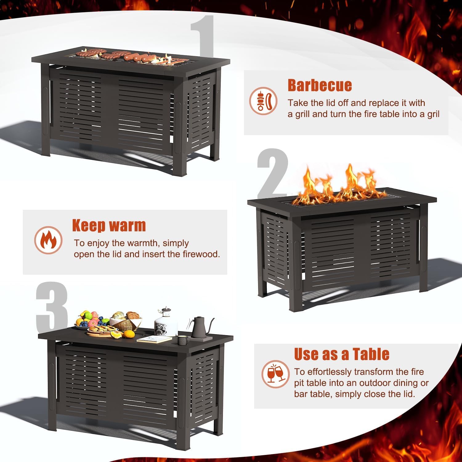 U-MAX Fire Pit Table, 43 Inch Wood Burning BBQ Grill Firepits, Metal Fireplaces with Waterproof Cover, 3 in 1 Fire Pits for Outside Party Barbecue Camping Picnic on Deck Backyard Garden, Black