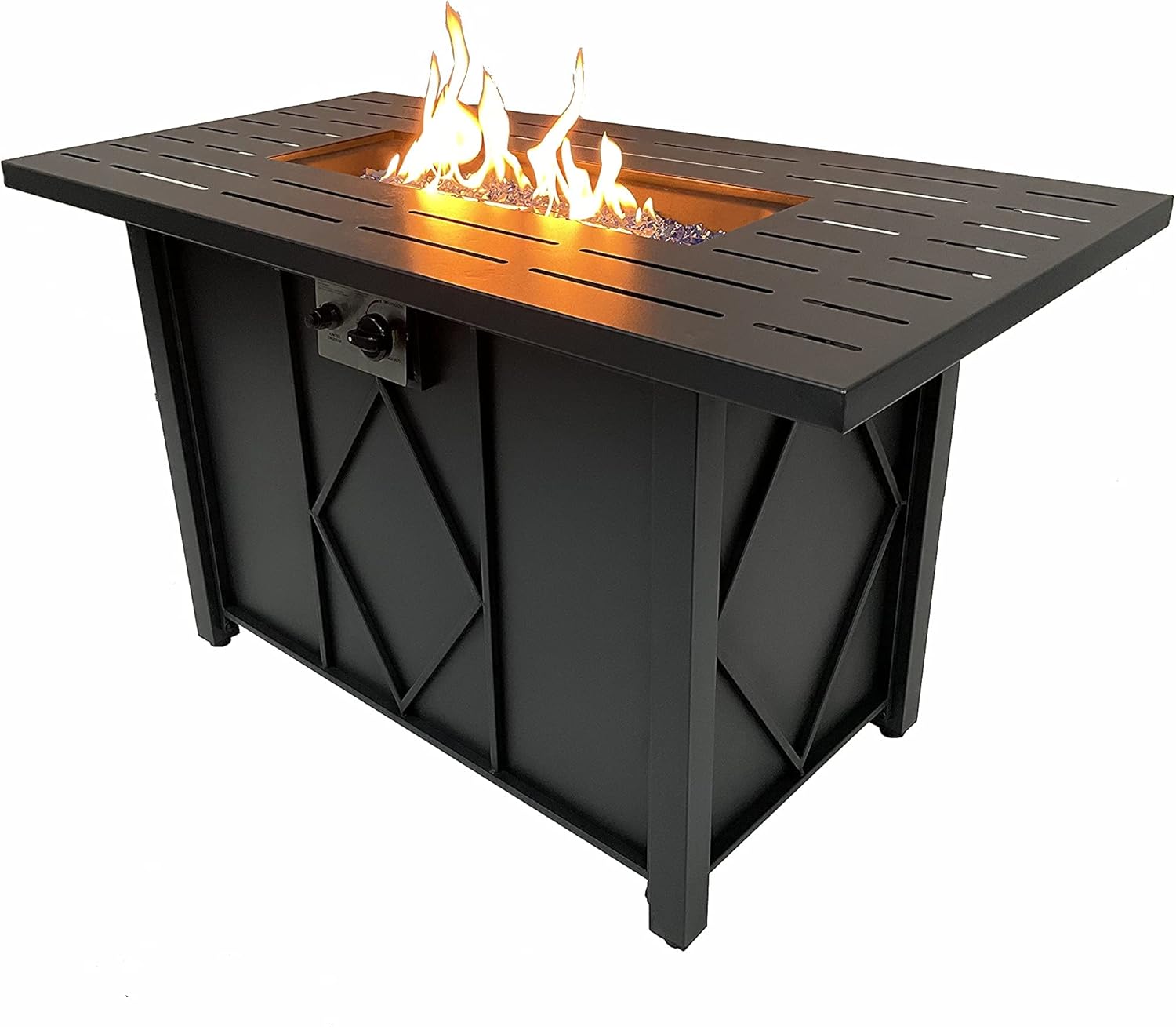 43in Propane Fire Pit Table 50,000 BTU Auto-Ignition Rectangular Gas Fire Pit Table with Glass Wind Guard, Glass Rock (Blue), Lid, Waterproof Cover