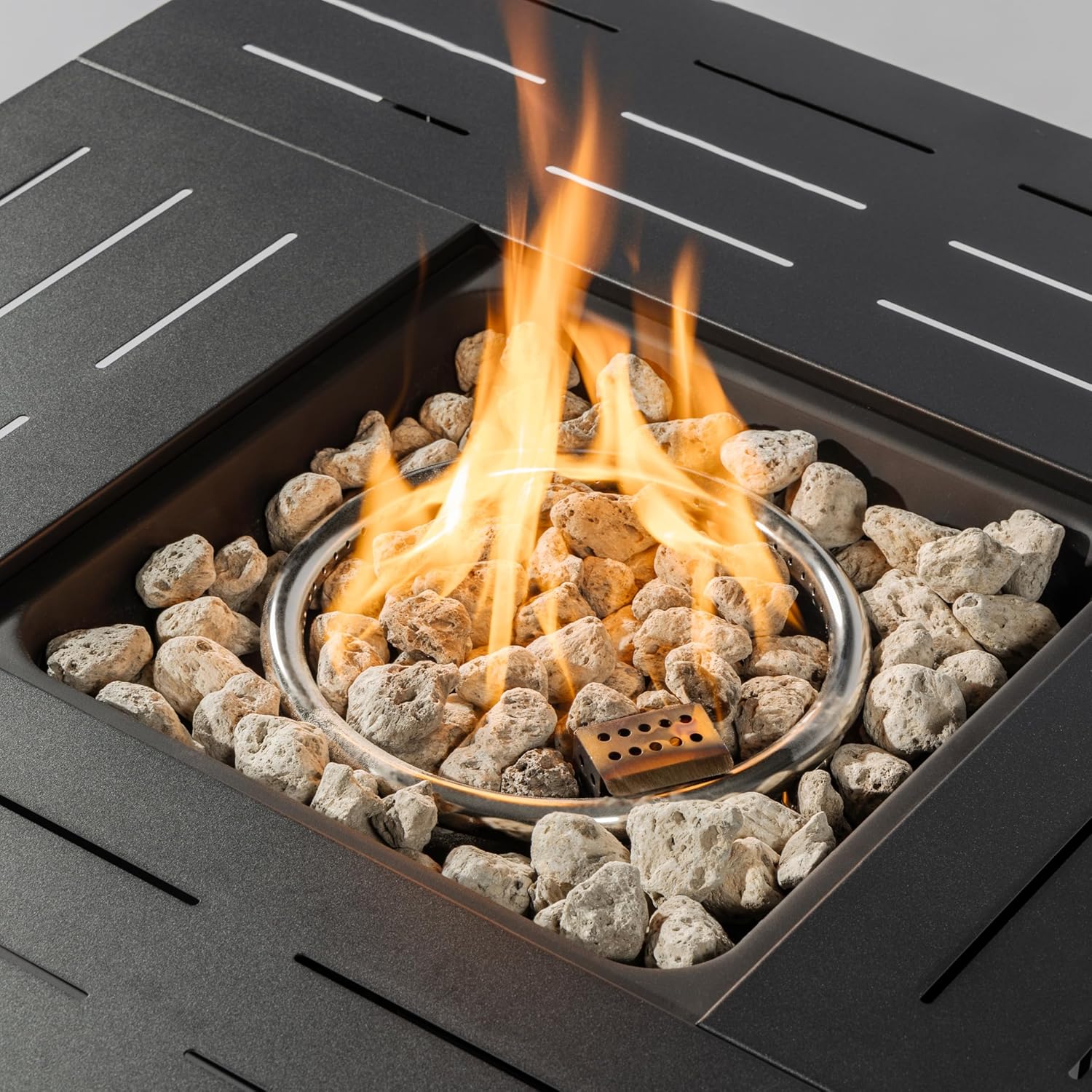 34 Inch Propane Fire Pit Table with Lid, 50,000 BTU Outdoor Steel Fire Pit for Patio, Rectangular Gas Fire Pit Table with Lava Rocks, Black Finish for Garden Backyard Use, Not Included Propane & Cover
