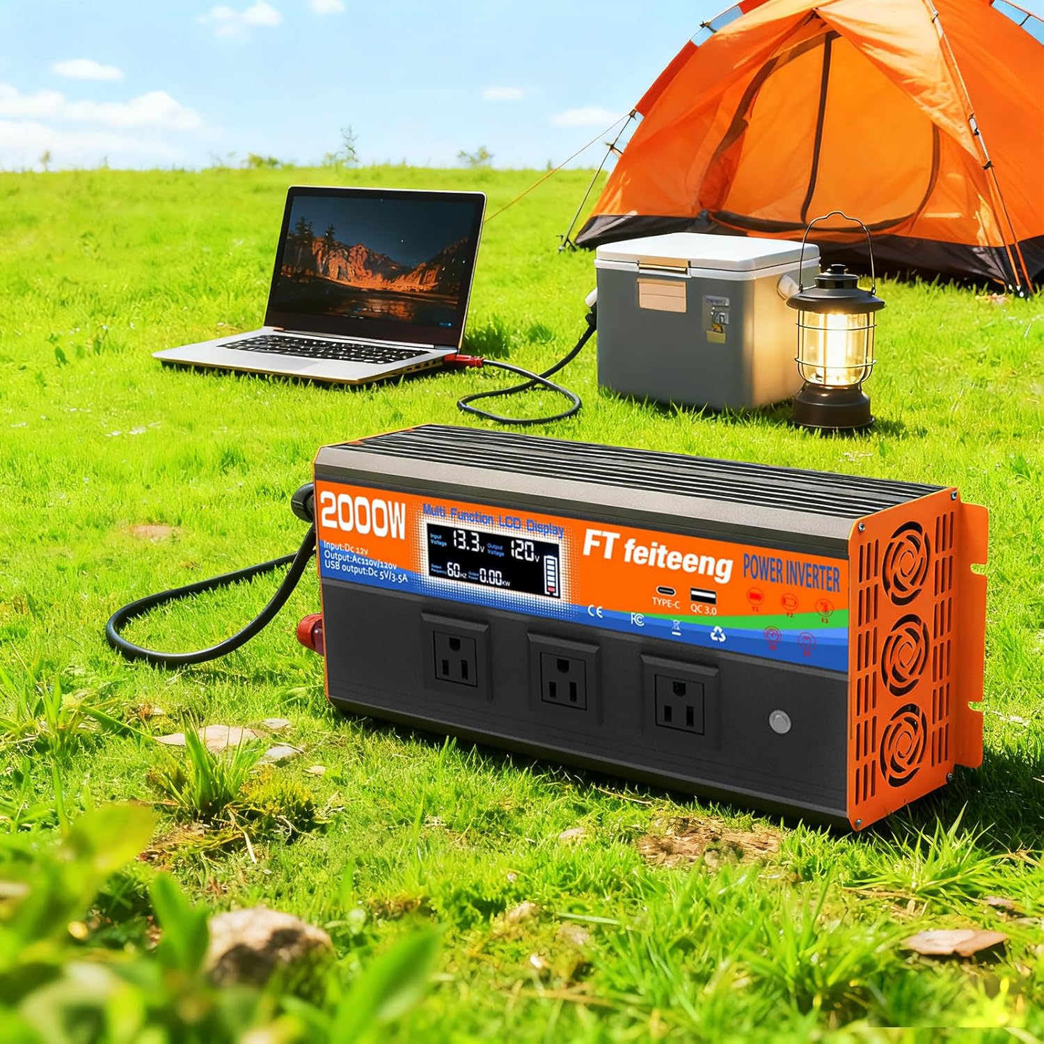 2000W Power Inverter 12v DC to 110v 120v AC with Remote 3 AC Outlets, USB Port, Dual Smart Fans, Cables Included LCD Display Power Inverter for Vehicle for Rv Truck Camping & Home Emergency Use
