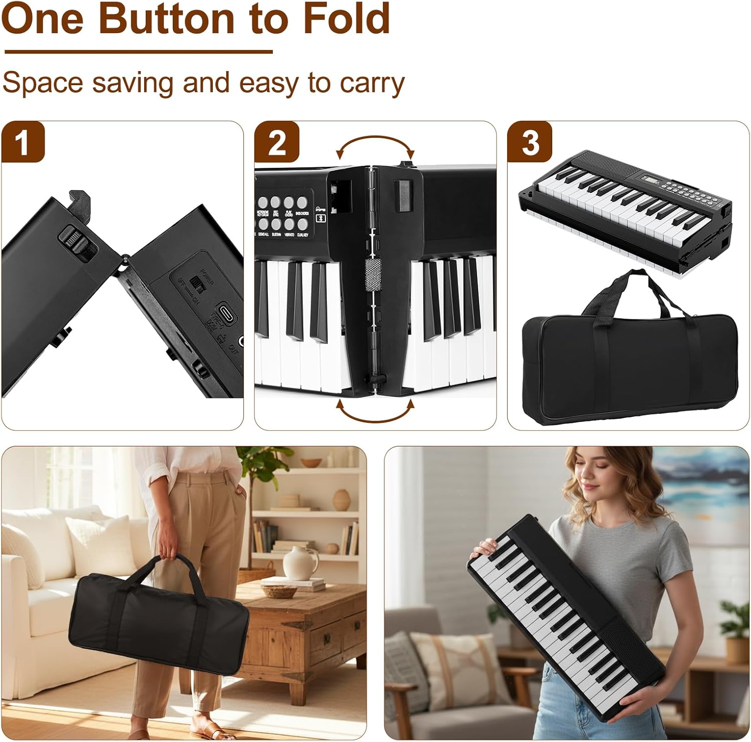 Electronic Piano Keyboard,Bluetooth Foldable 61 Key Semi-Weighted Digital Pianos with Power Adapter,Pedal,Sheet Music Stand,Sticker,Bag,Gift for Beginners,Black