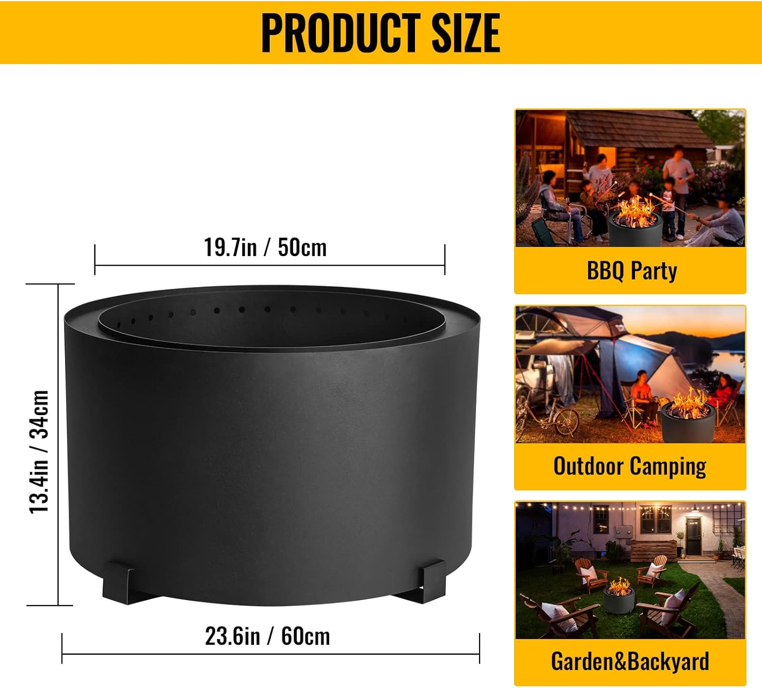 23.6 Inch Smokeless Fire Pits Large Wood Burning Fire Pit Carbon Steel Stove Bonfire Fire Pit Portable Outdoor Fire Bowl for Picnic Camping Backyard