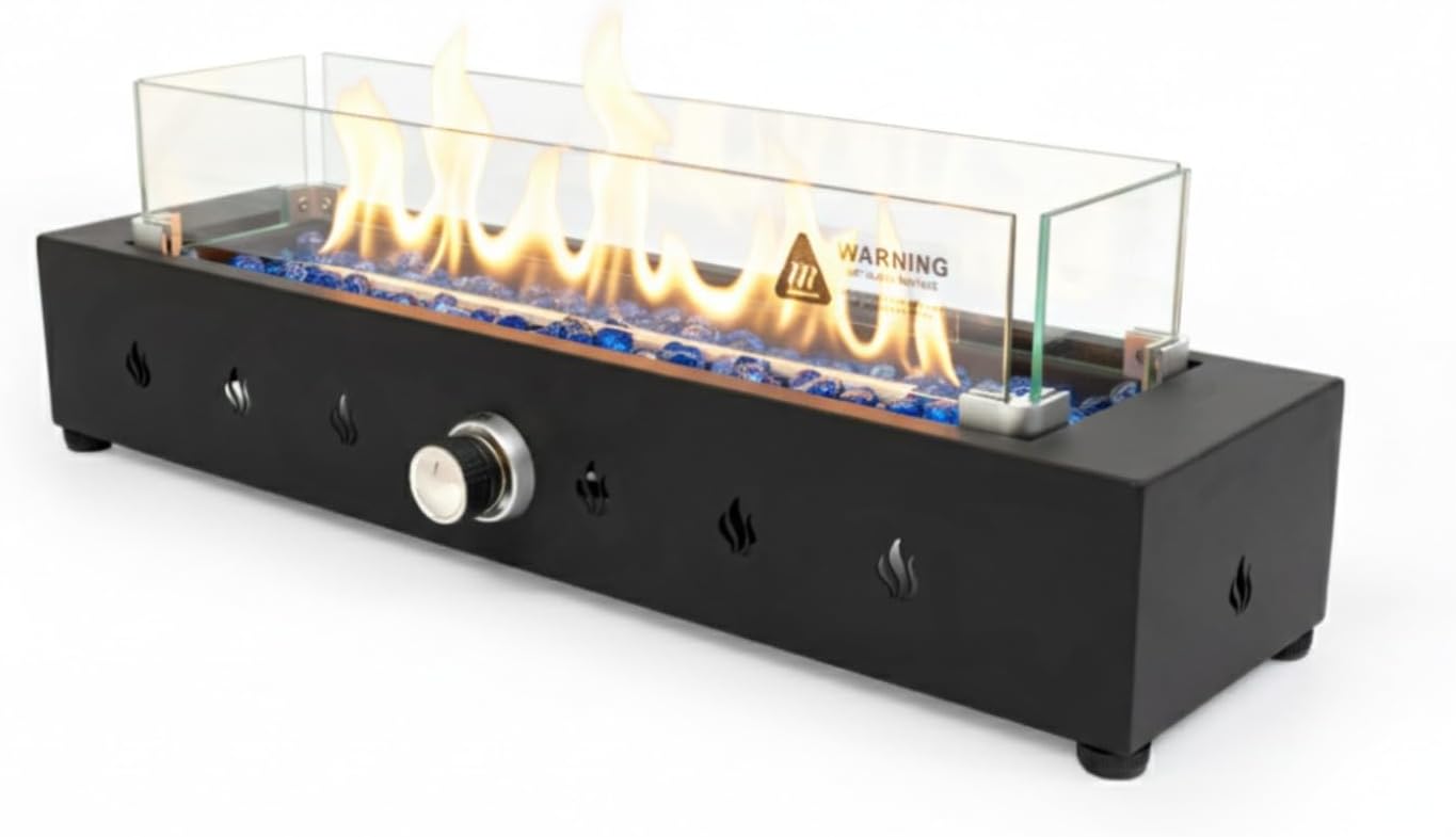 Propane Fire Pit 40,000 BTU with Wind Guard, 28 Inch Outdoor Patio Smokeless Heater with Tempered Glass & Rocks, Steel Gas Fire Pit Table for Deck Backyard, Bottom/Side Hose Conversion