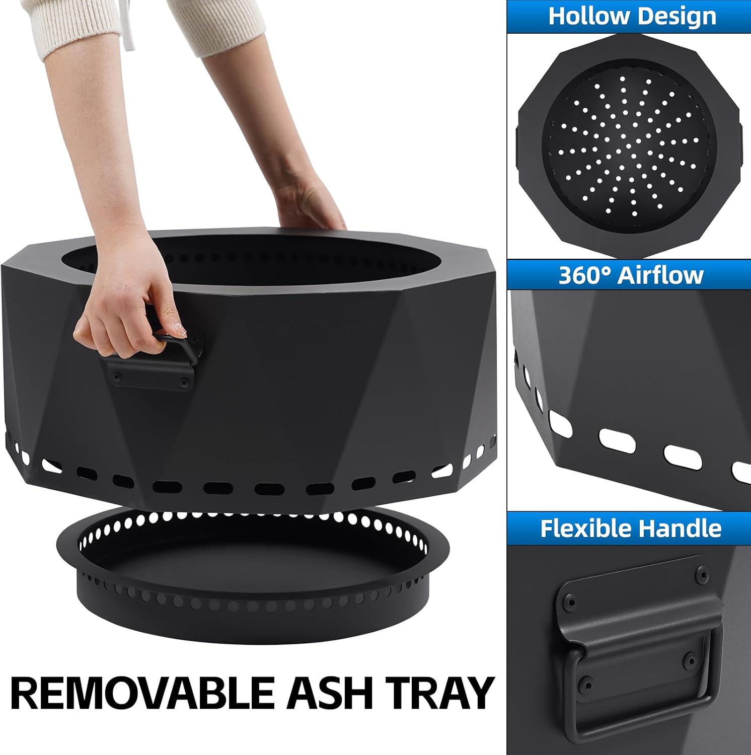 Smokeless Fire Pit Outdoor- 20 Inch Low Smoke Metal Fire Pits & Fireplaces for Outside with Carry Bag, Fire Pit Lid Cover Round - 34