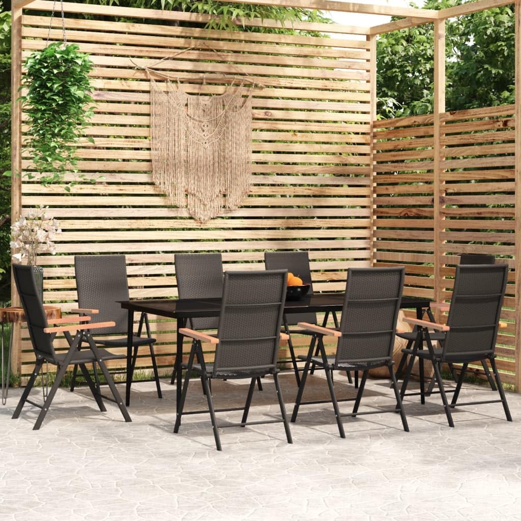 Garden Dining Set, Black Powder-Coated Steel, Foldable Chairs, 8 Person Outdoor Patio Furniture Set, Rectangular Table for Balcony, Terrace