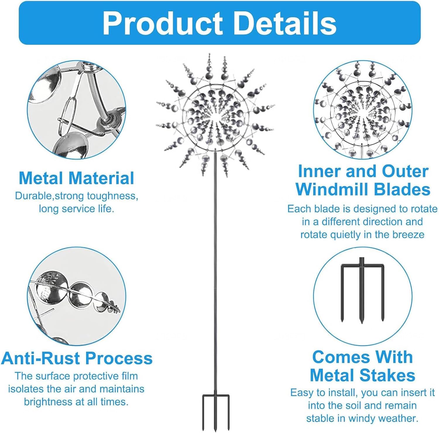 Solar Magical Windmill, Wind Mills-Metal Yard Spinners 360° Metal Windmill, 13.4 x 71in Windspinner,Gold