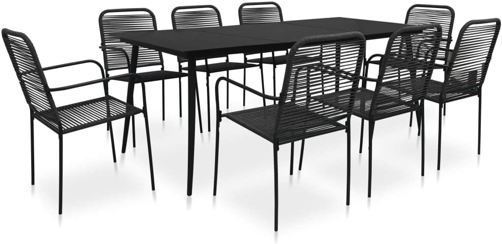 9 Piece Patio Dining Set Cotton Rope and Steel Black,Premium 9Piece Modern Patio Dining Set with Rattan Chairs and Tempered Glass Tabletop Furniture Sets for Patio, Lawn & Garden