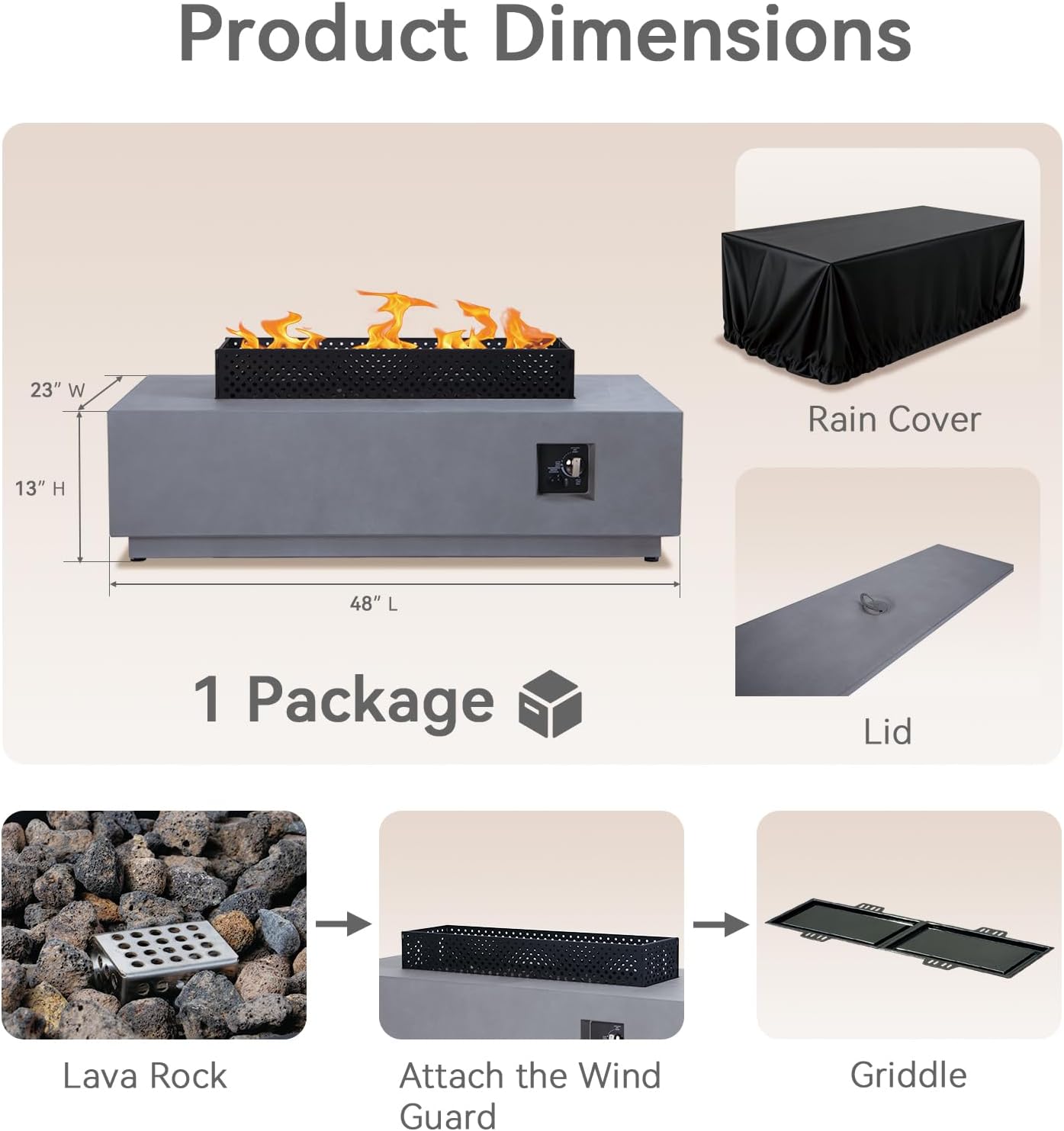 48'' Rectangular Propane Fire Pit Table, 3-in-1 50,000BTU Firepit Table with Griddle for Outside Patio, Backyard Decor, Grey