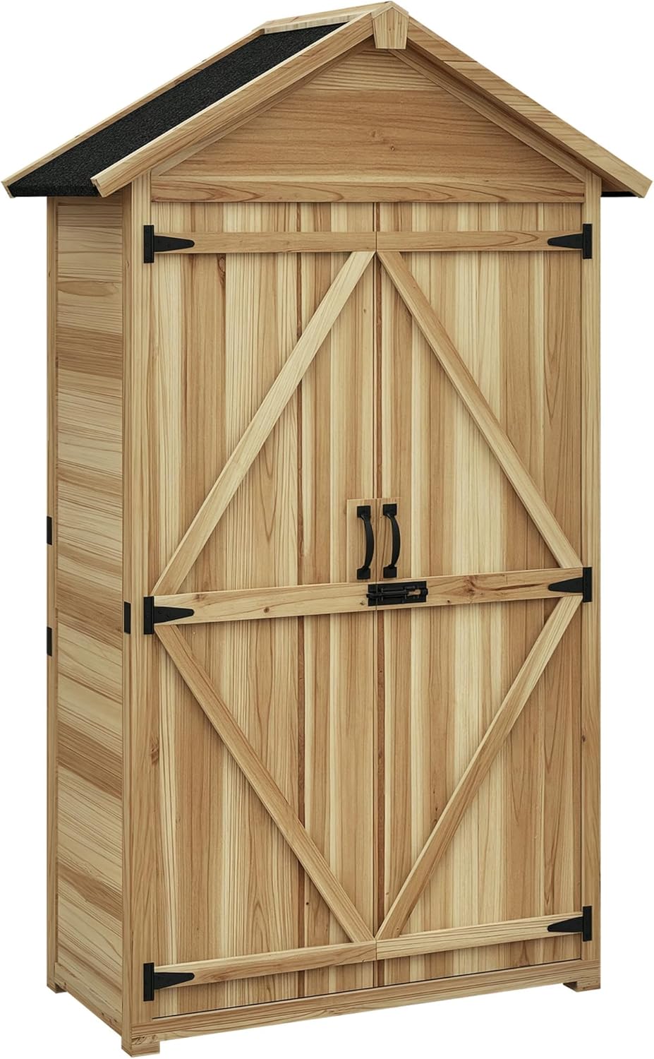 Outsunny Outdoor Storage Cabinet with Waterproof Asphalt Roof, Wooden Garden Shed with Double Lockable Doors and Shelves, Wood Tool Shed for Backyard, Patio, Lawn, Natural